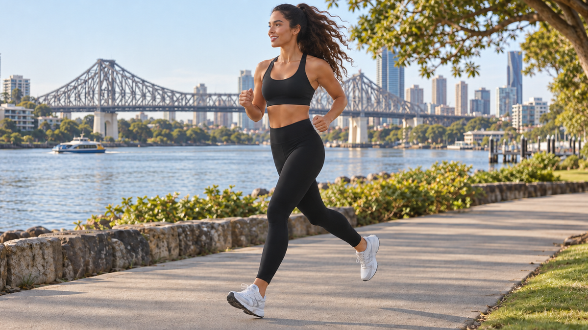 Woman jogging along the river in Brisbane wearing Active by GS high-waisted leggings and a matching sports bra, with the Story Bridge in the background