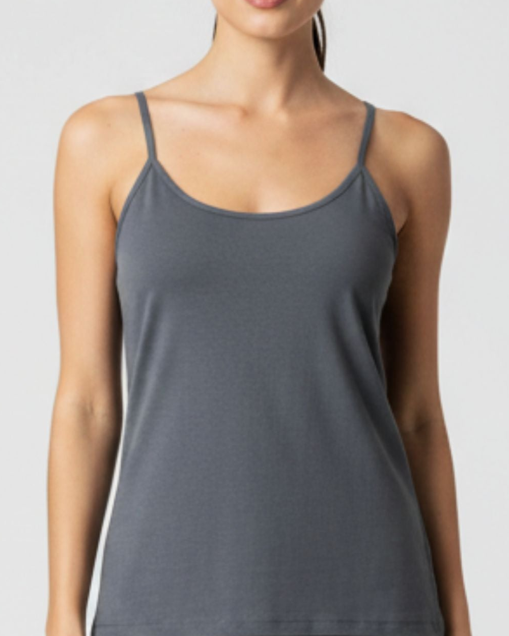 Woman wearing soft bamboo cami in slate grey colour