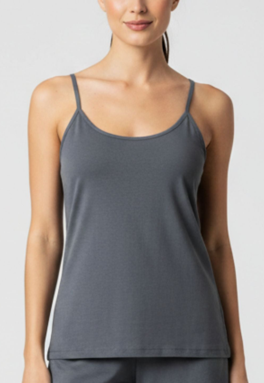 Woman wearing soft bamboo cami in slate grey colour