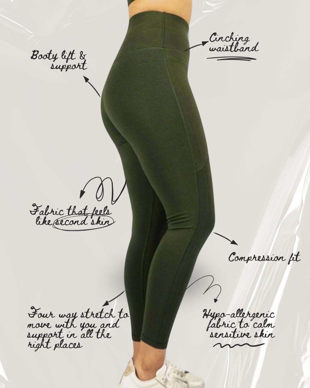 Khaki Olive Green Bamboo breathable leggings with text highlighting features on a white background