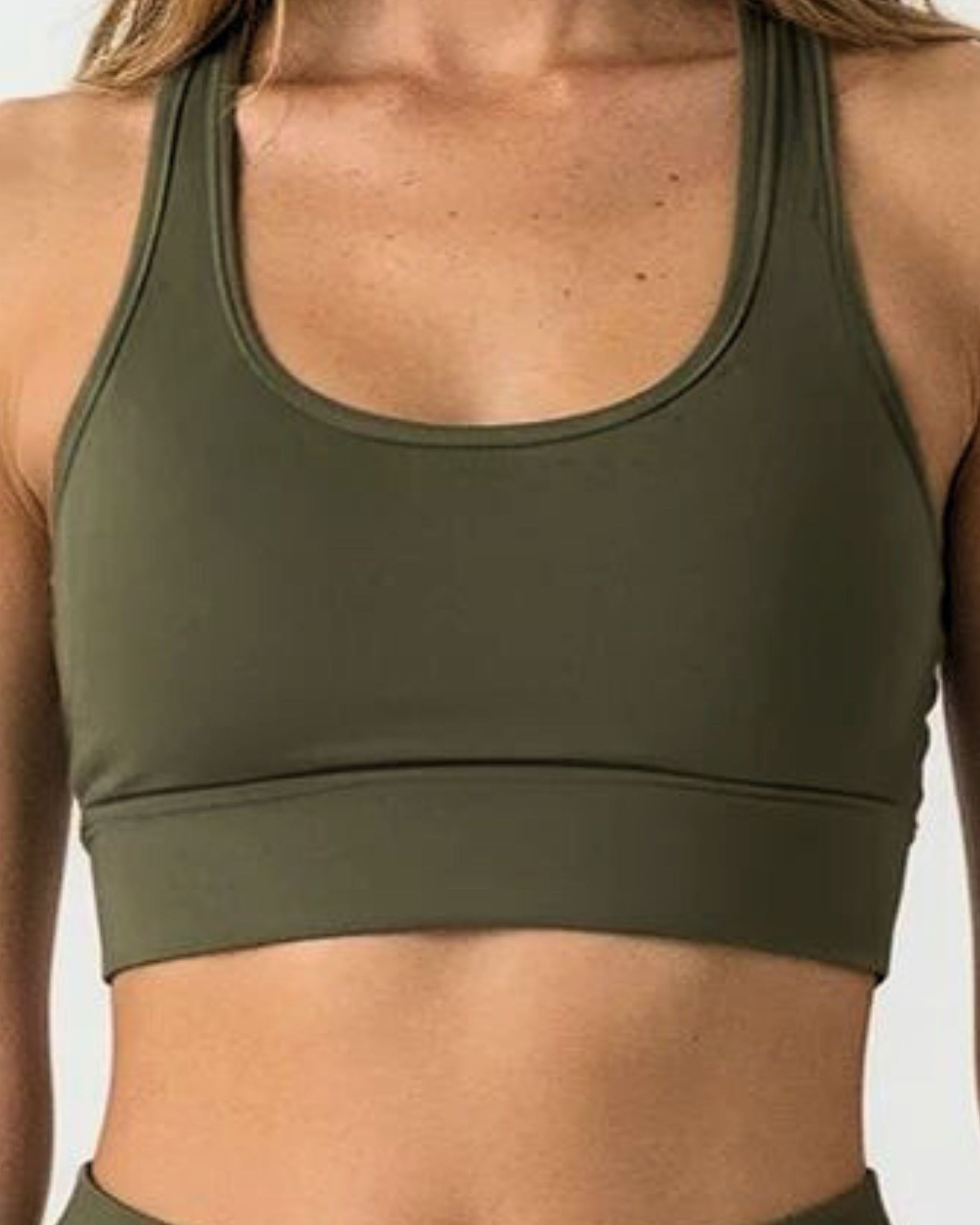 Green sports bra Khaki High Impact Bamboo hypoallergenic and moisture wicking
