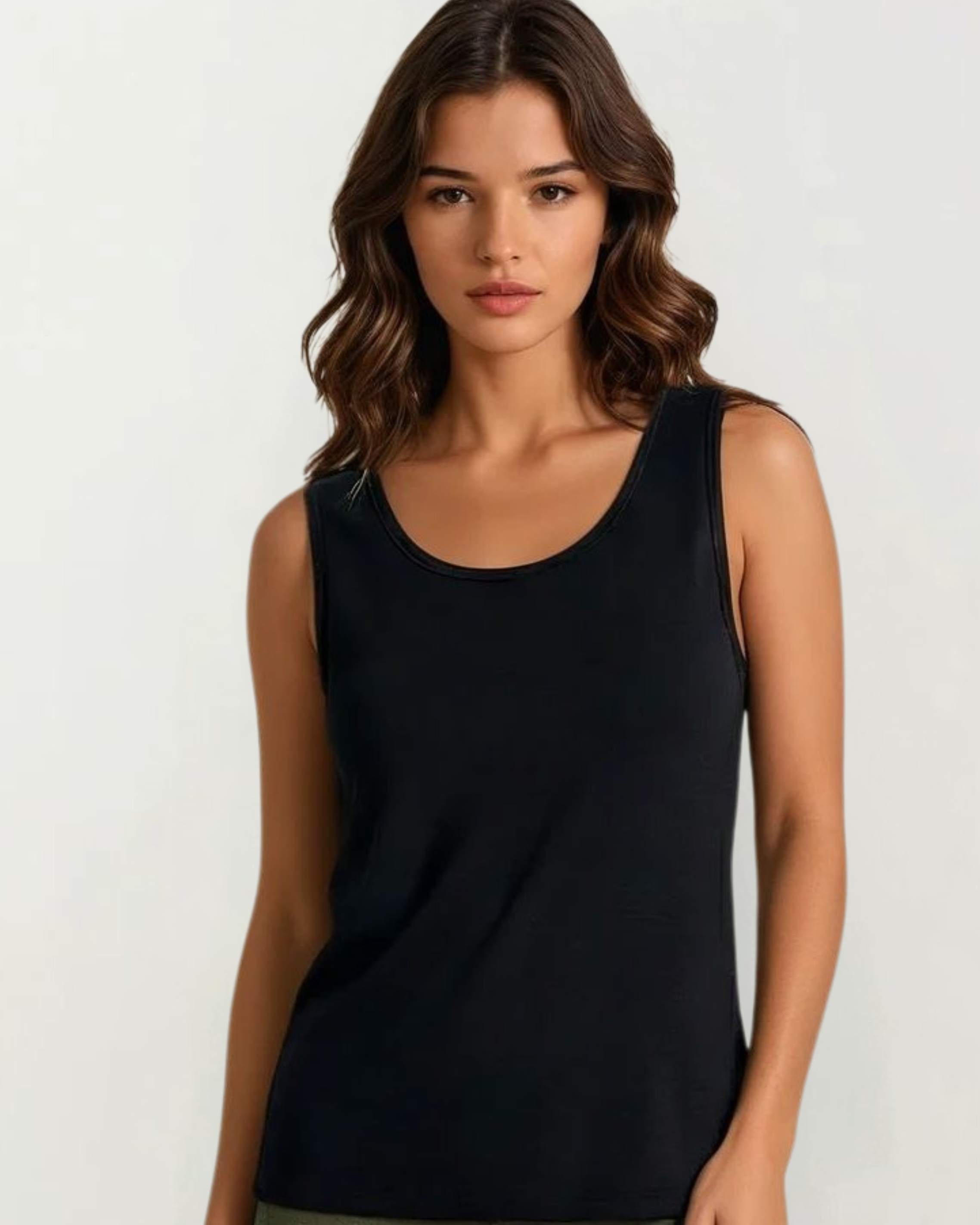 Woman wearing a black tank top against a white background