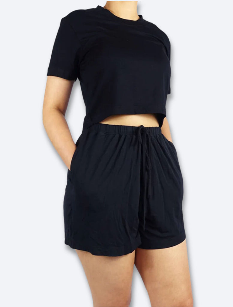 Women's Bamboo Soft & Silky Lounge Wear Shorts & Tee Shirt Set l Black