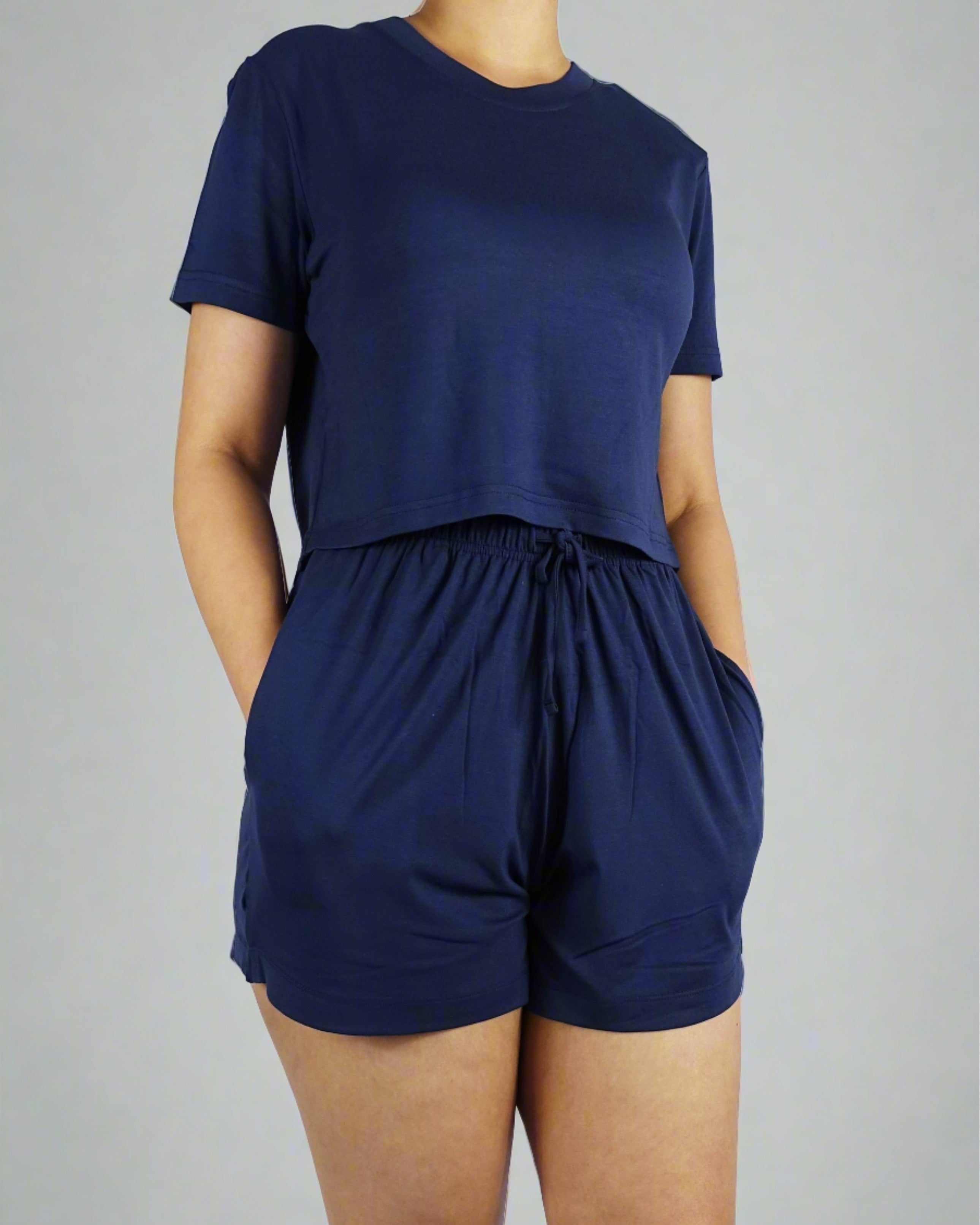 Blue crop tee with a round neckline and short sleeves