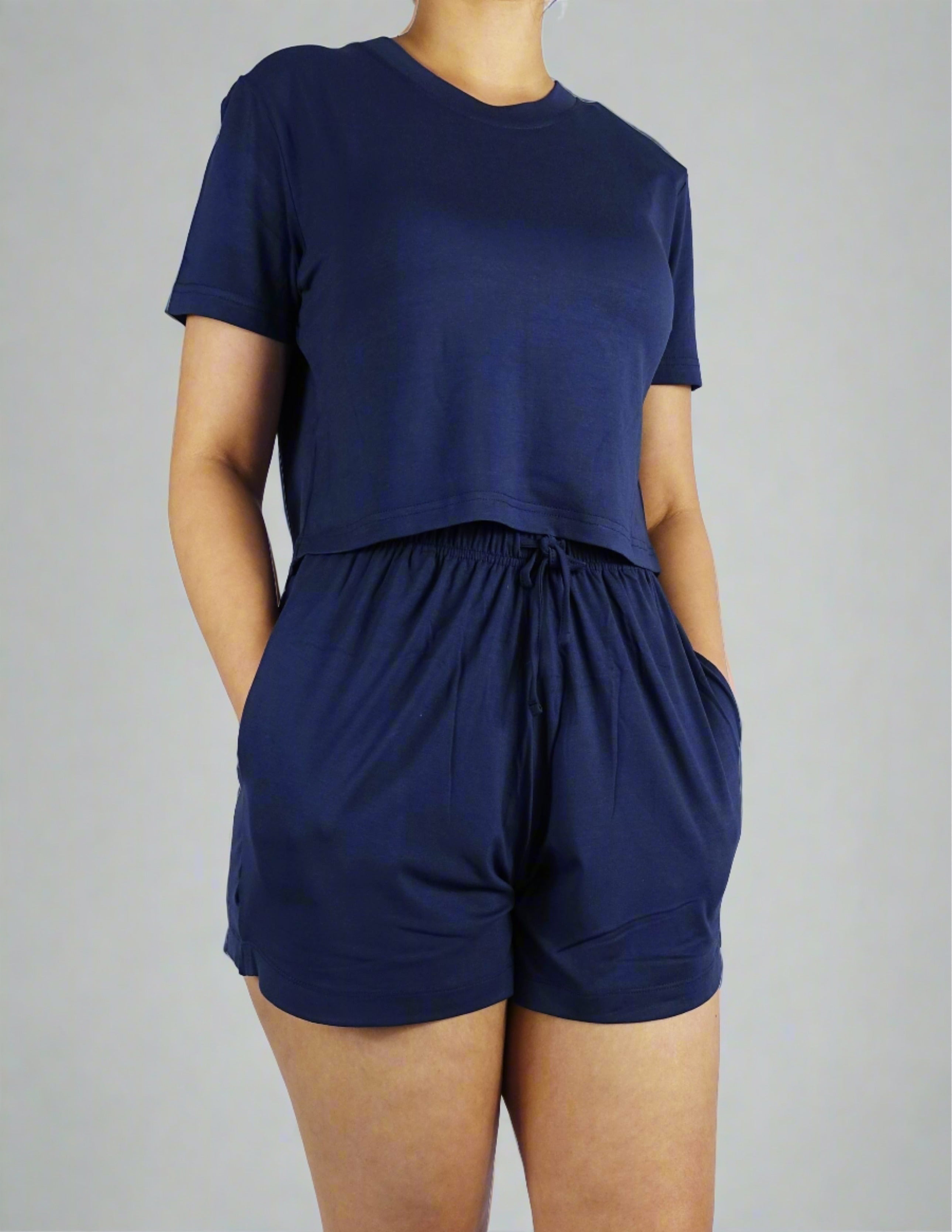 Blue crop tee with a round neckline and short sleeves