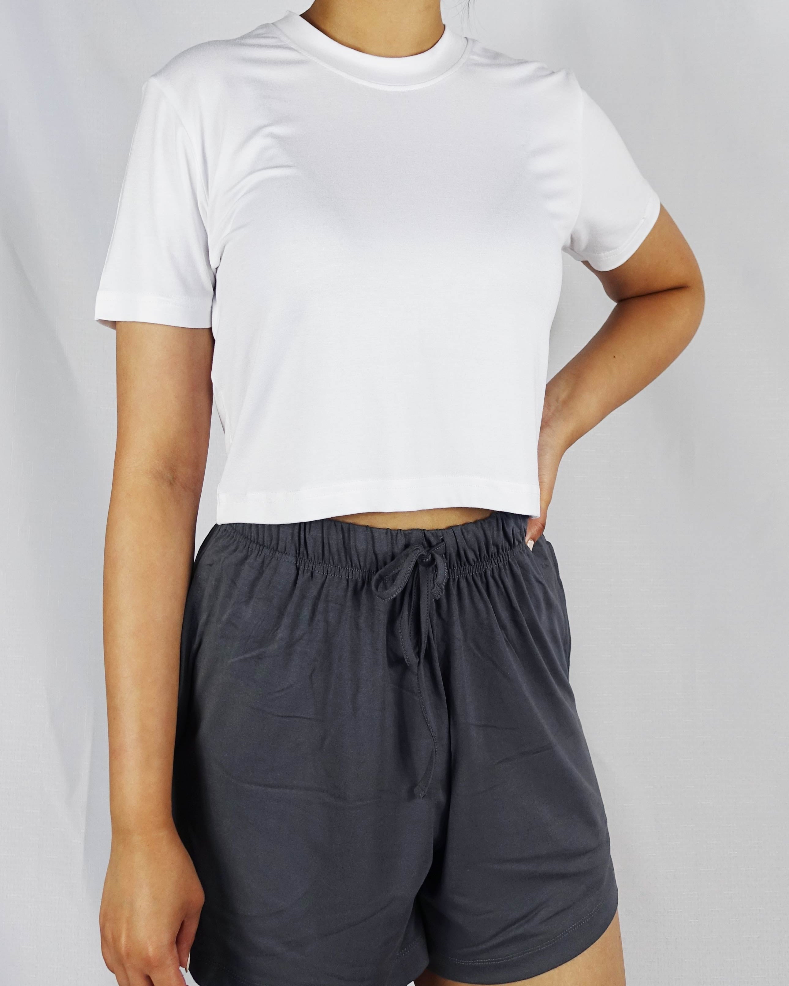 Front view of white bamboo crop tee for casual wear