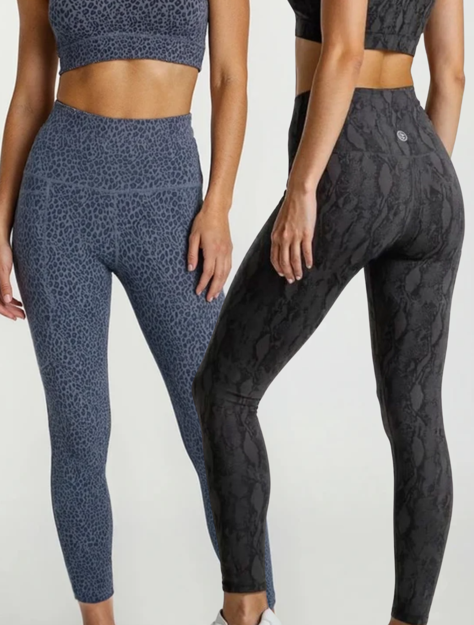 Two pairs of leggings, one blue with a leopard print and one black with asnake print pattern, on a white background.