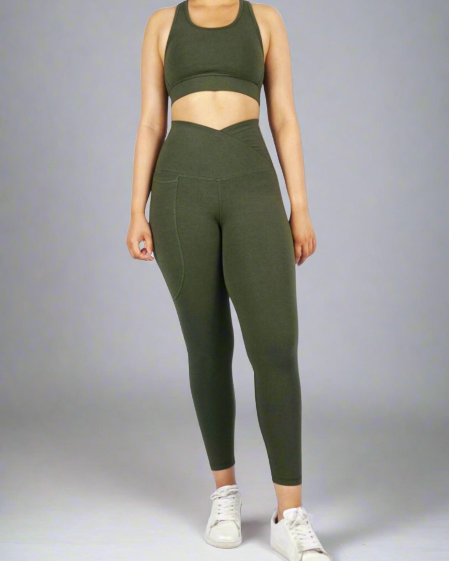 Khaki green ankle length high waisted tights with cross waist and phone pocket  super soft and breathable bamboo