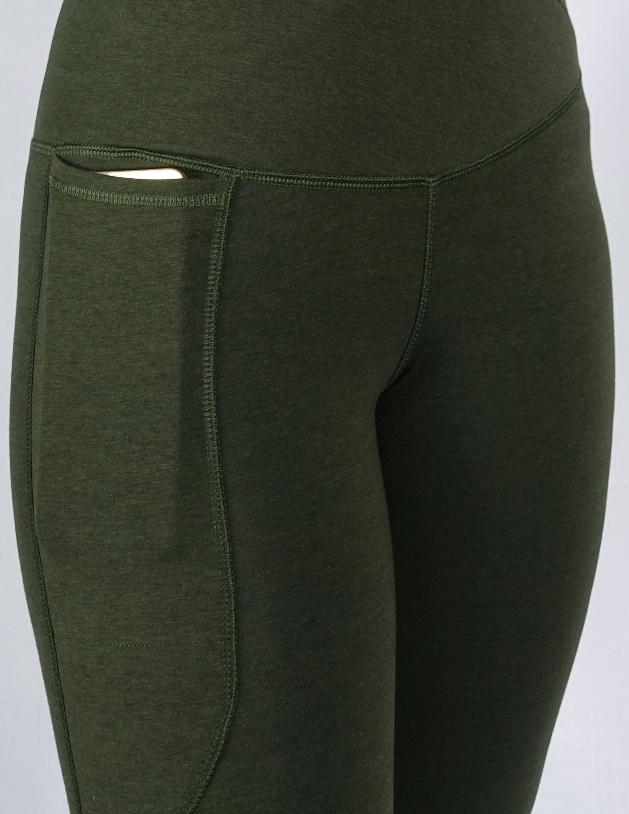 Bamboo high-waist leggings in khaki are shown in a close phone pocket view.