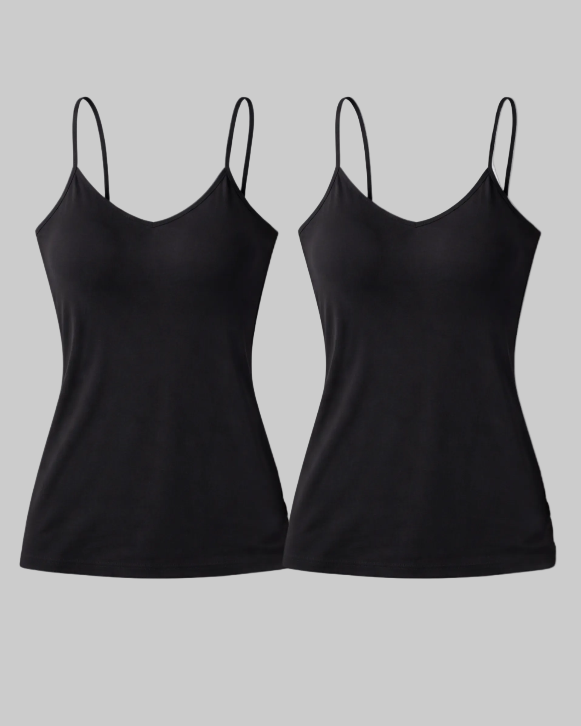 Two black cami singlet set in bamboo fabric super soft and moisture wicking with thin adjustable straps on a light gray background