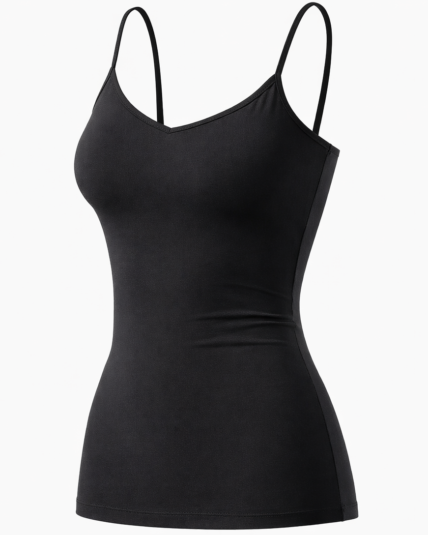 Black camisole singlet tank top with thin straps on a white background
