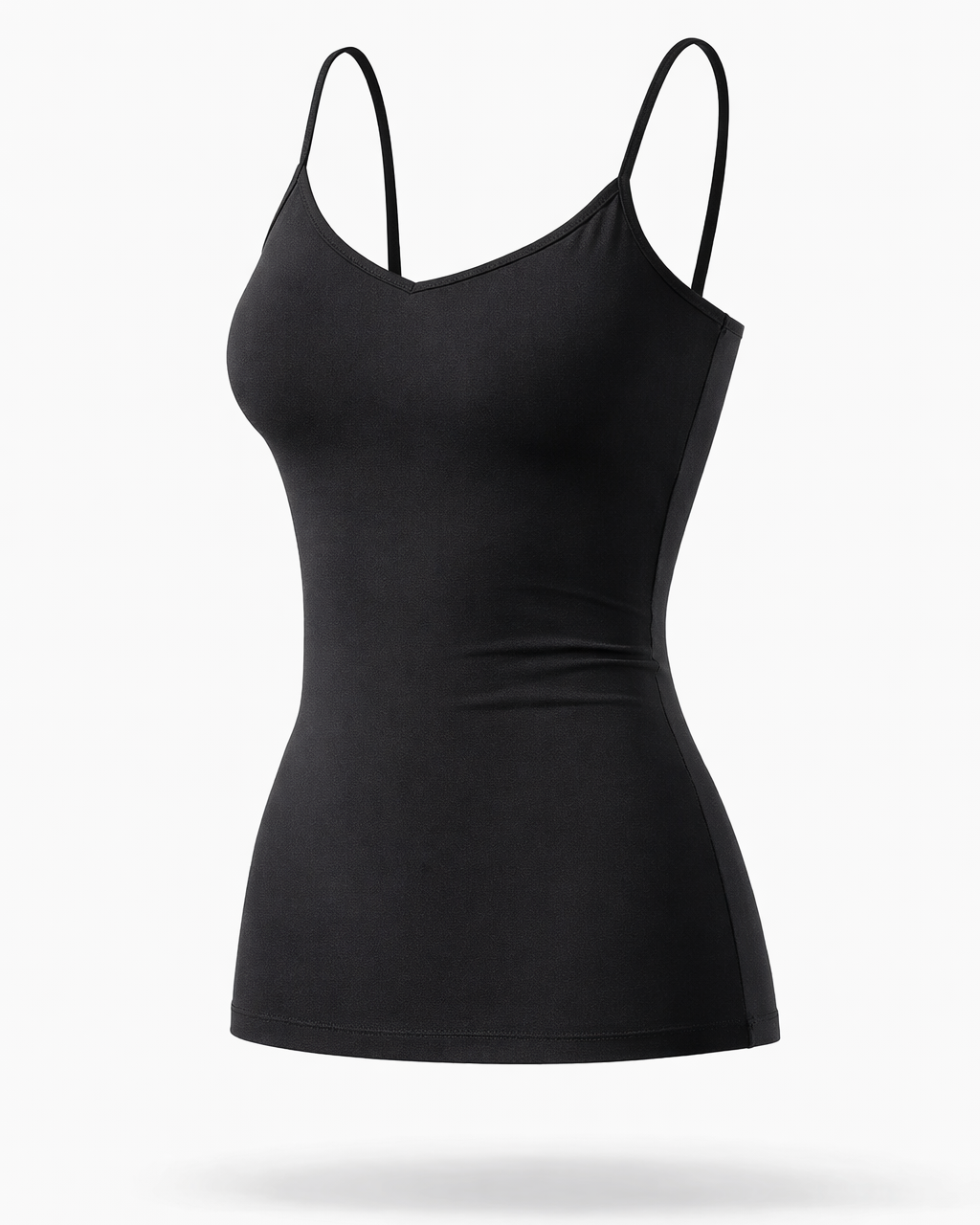 Black camisole singlet tank top with thin straps on a white background