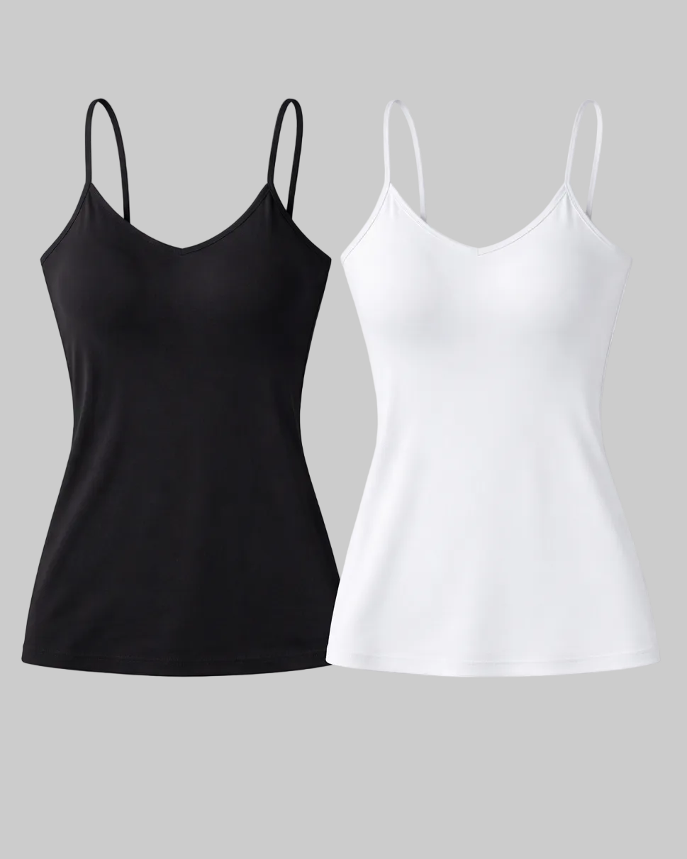 Black and white camisoles set on a white background