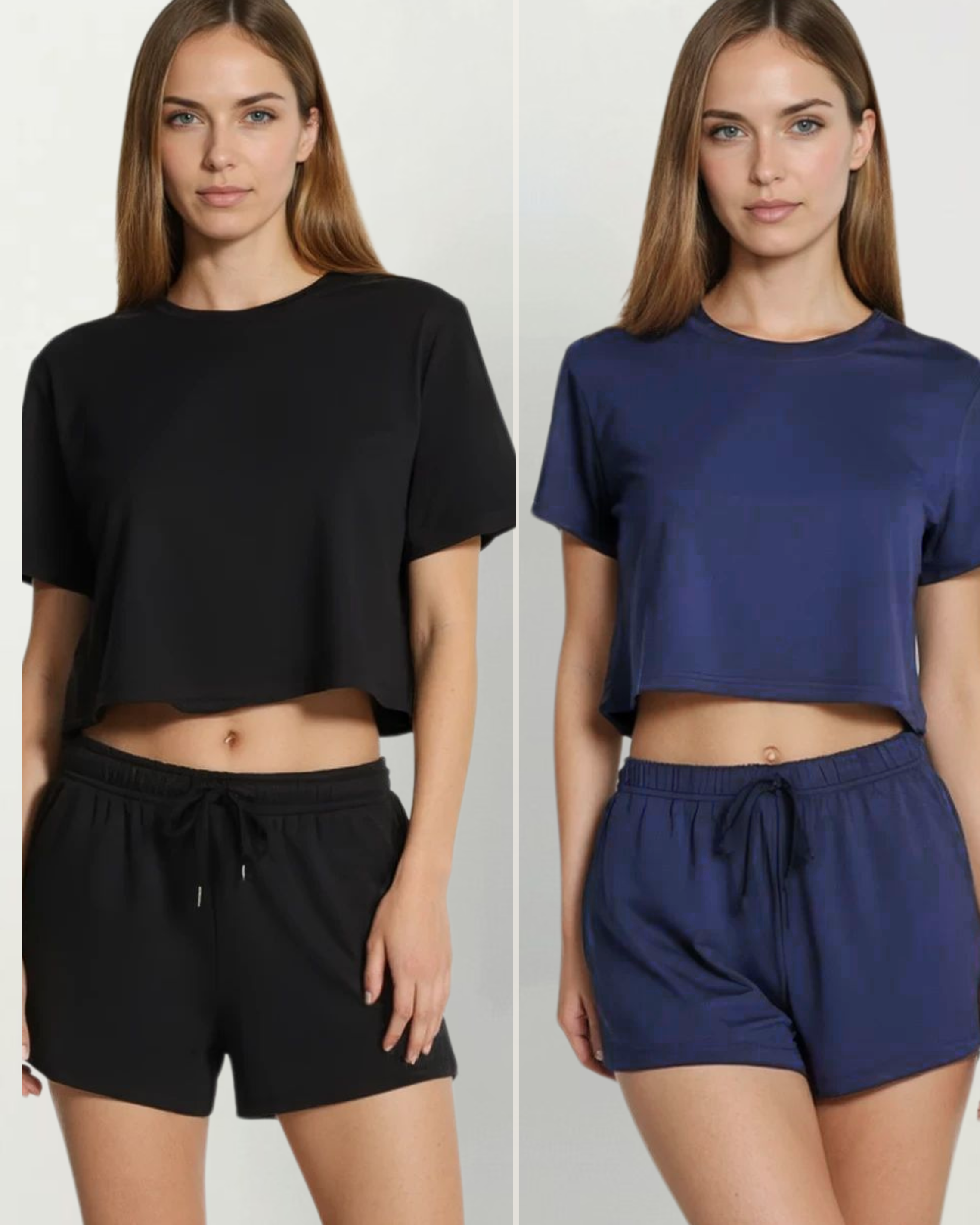 Two images of a woman wearing black and blue Crop Top with shorts in bamboo fabric against a white background.