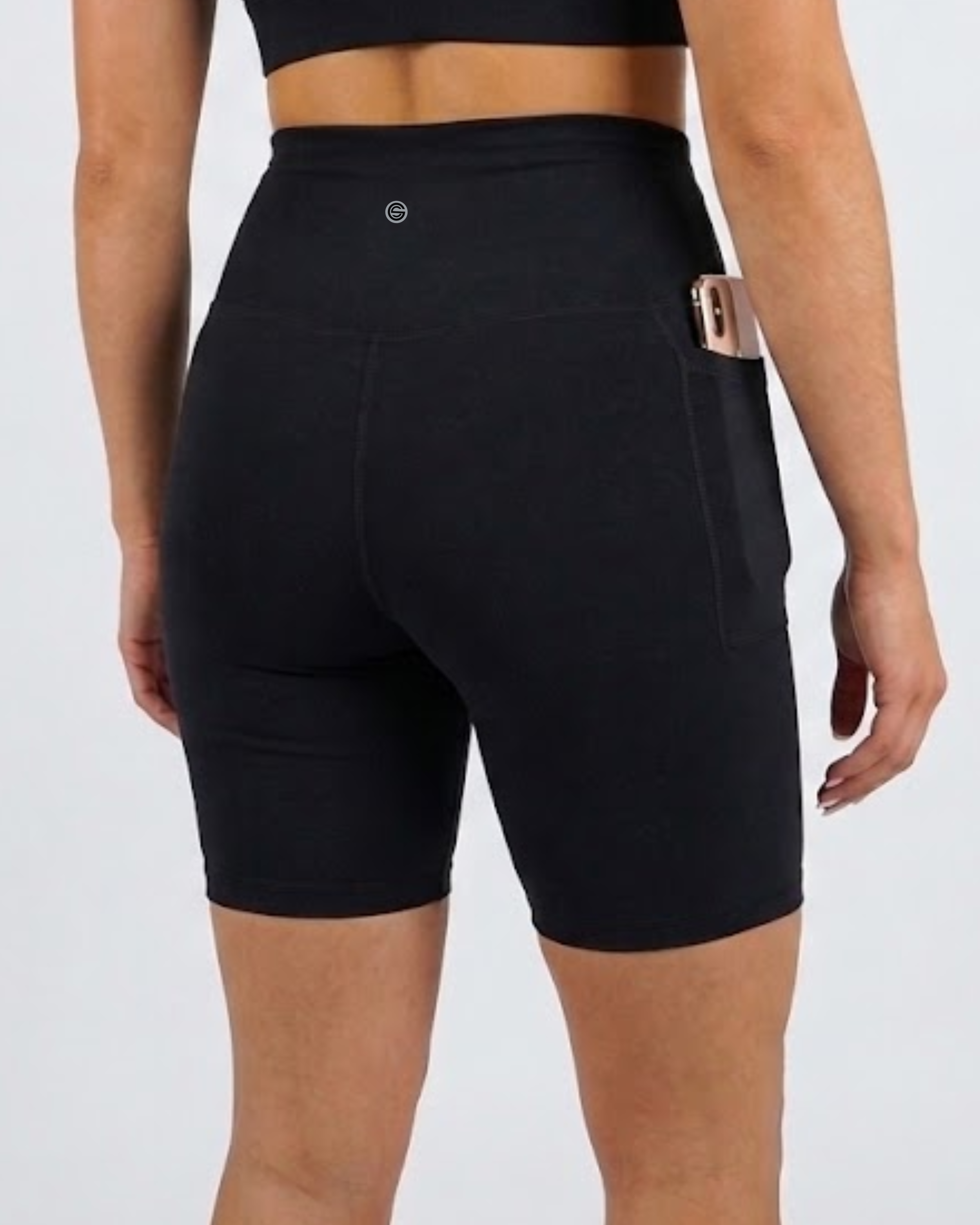 Bamboo crosswaisted bike shorts back view phone pocket fits large iphone or android