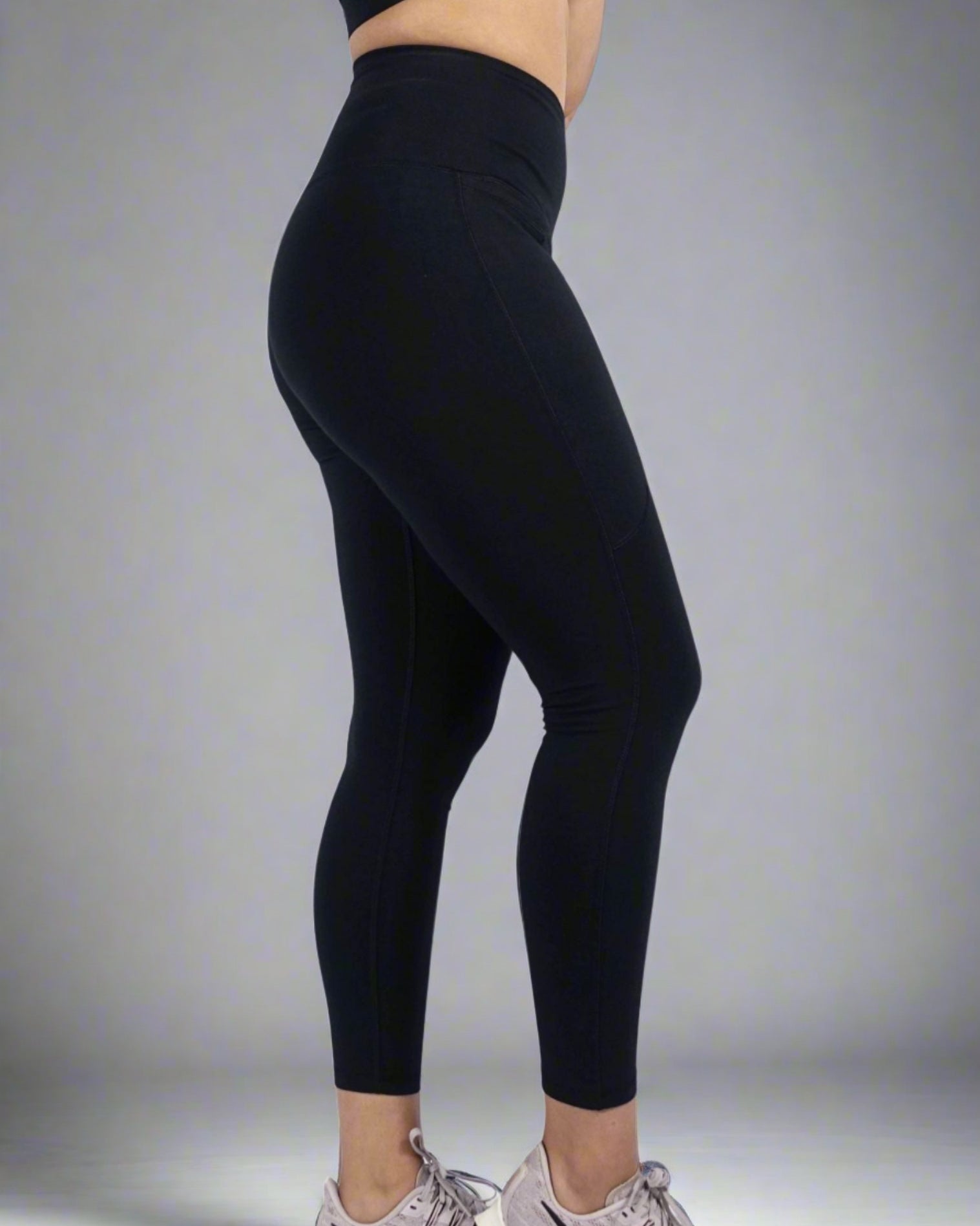 Black luxe foldable high waist leggings with phone pocket moisture wicking and breathable