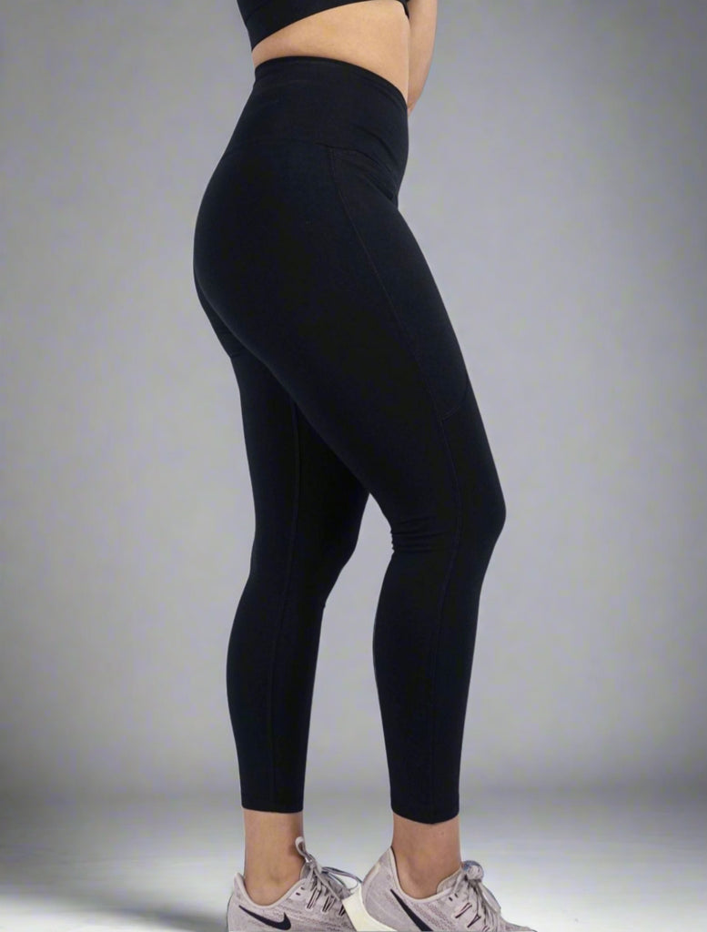 Black luxe foldable high waist leggings with phone pocket moisture wicking and breathable