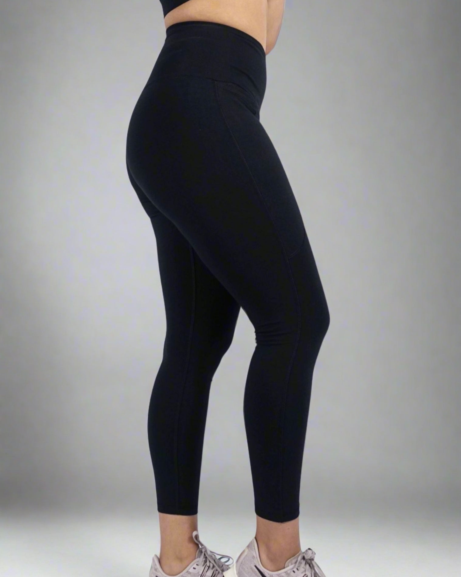 Black luxe foldable high waist leggings with phone pocket moisture wicking and breathable