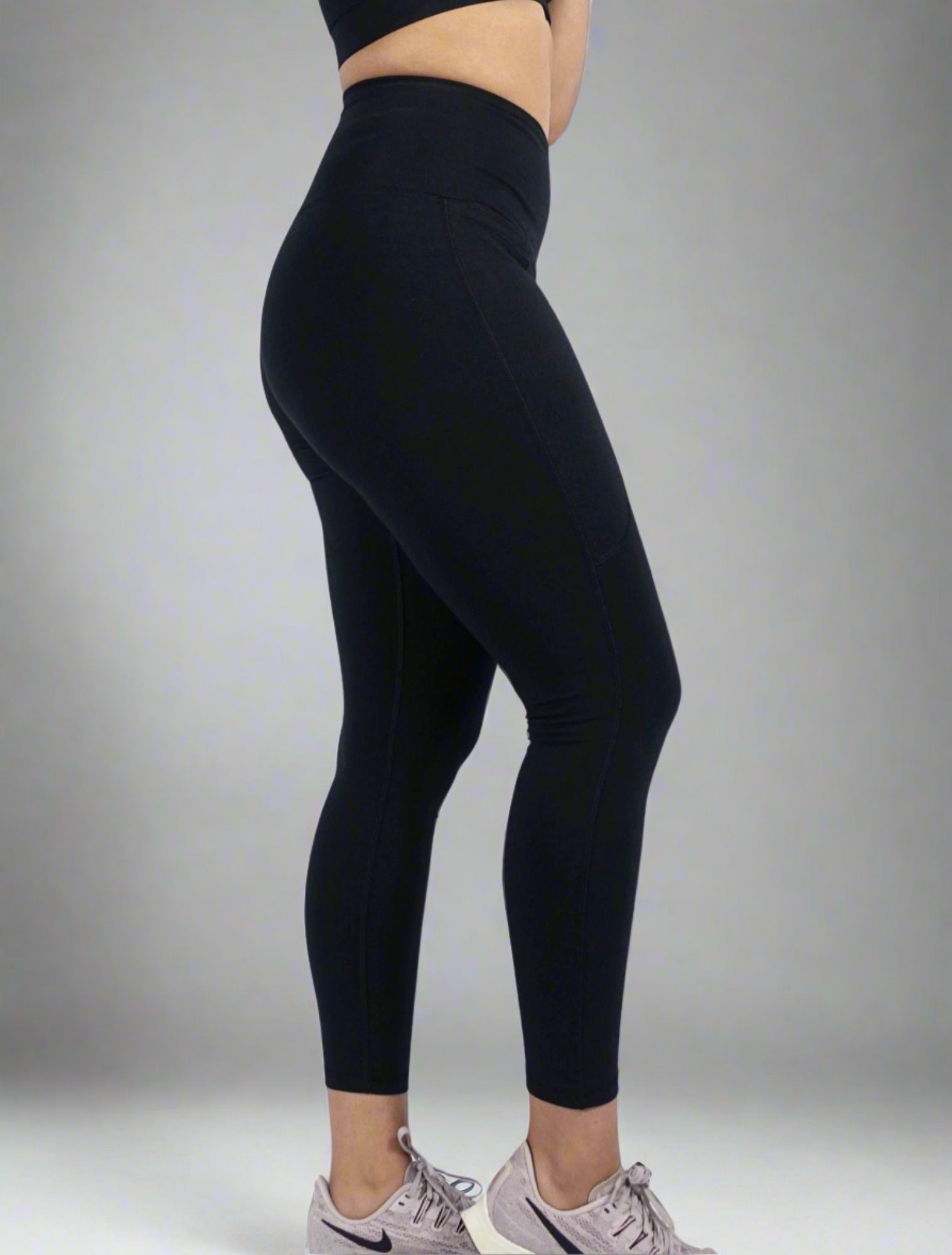 Black luxe foldable high waist leggings with phone pocket moisture wicking and breathable