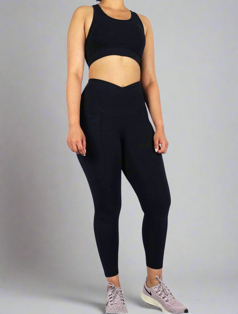 Buttery soft Cross waist leggings in black for gym and yoga