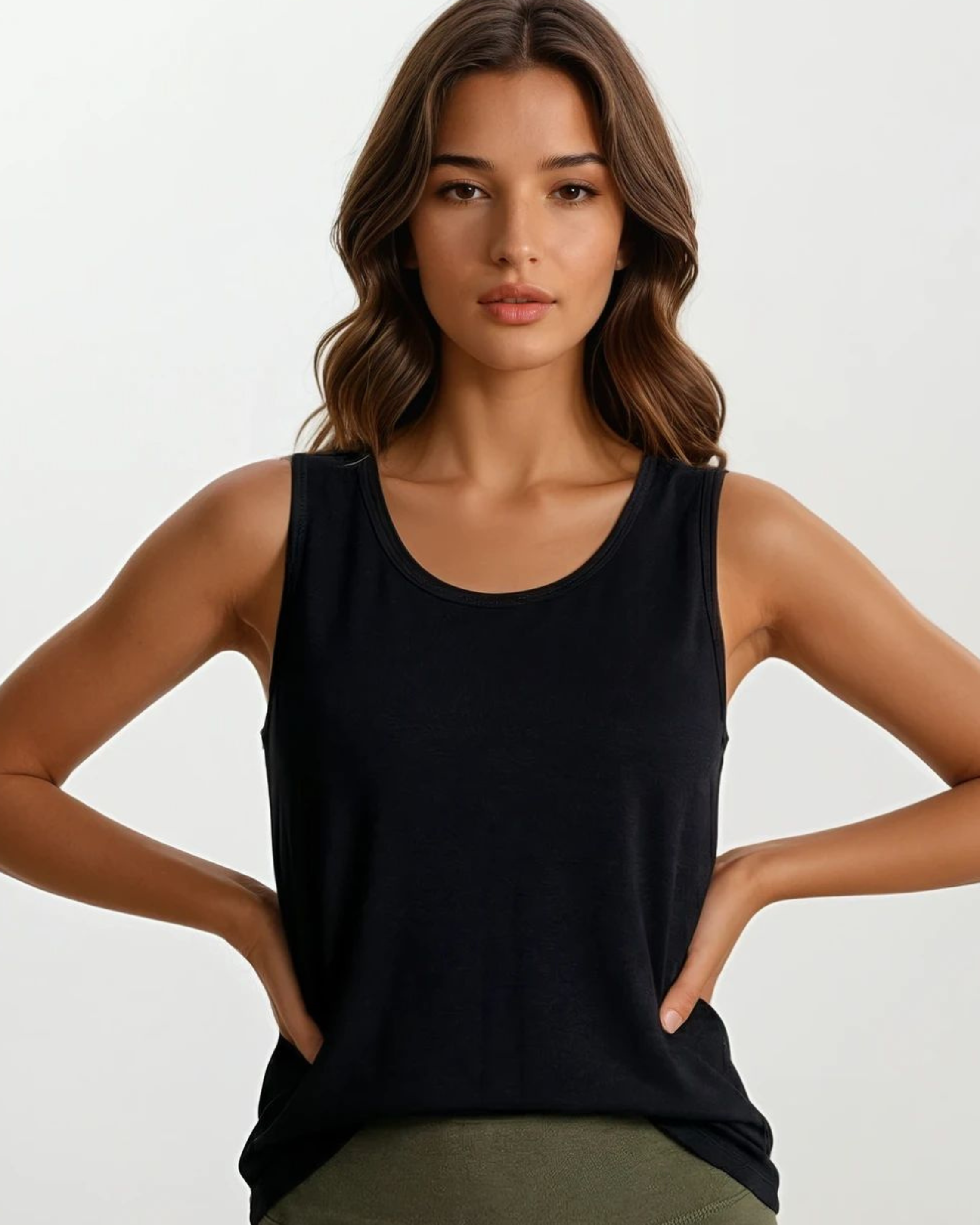 Woman wearing a black tank top against a plain background
