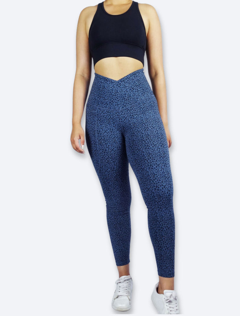 Blue leopard print 7/8  High Waisted Phone Pocket Legging Blue Compression and supportive