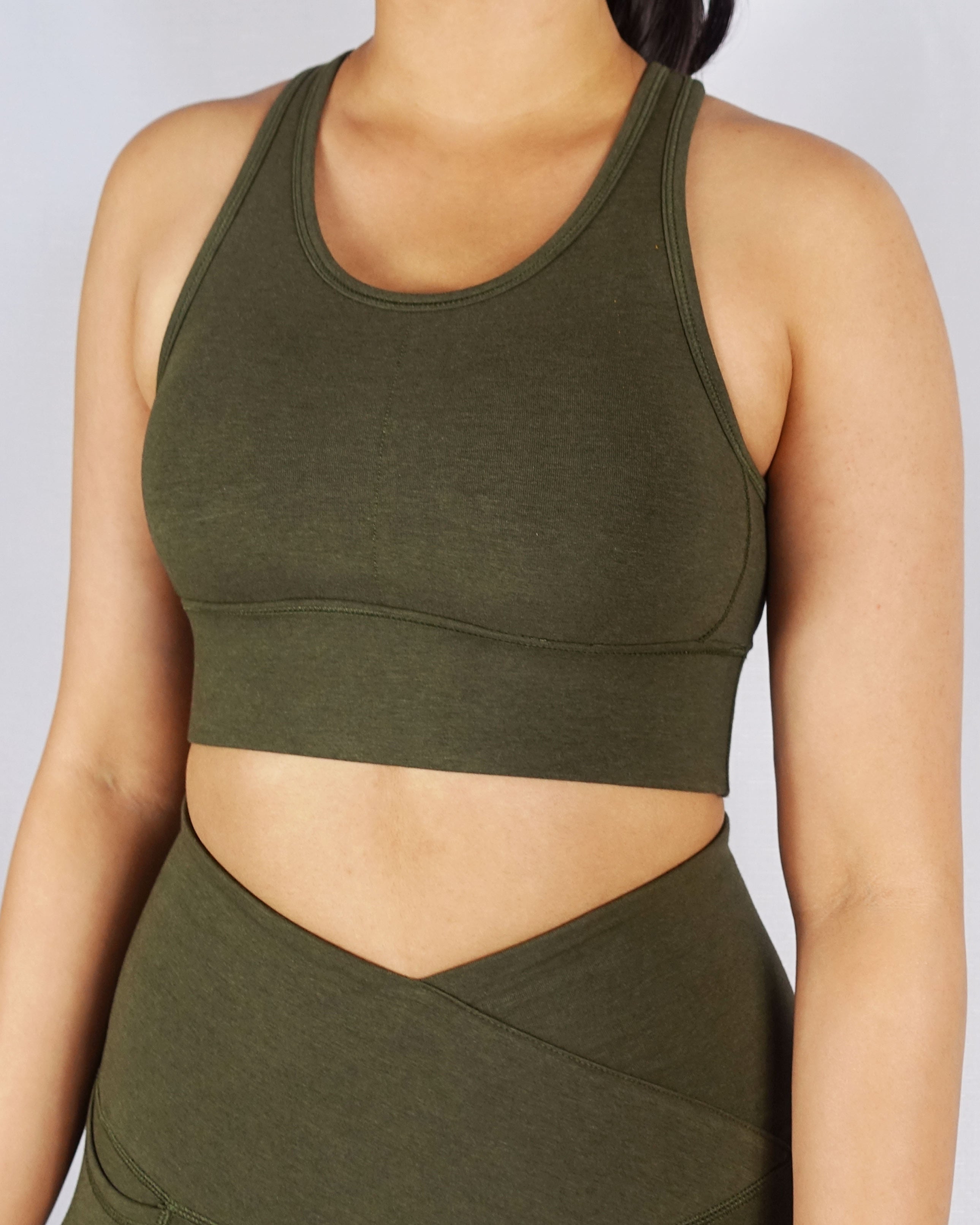 Front view of khaki sports bra