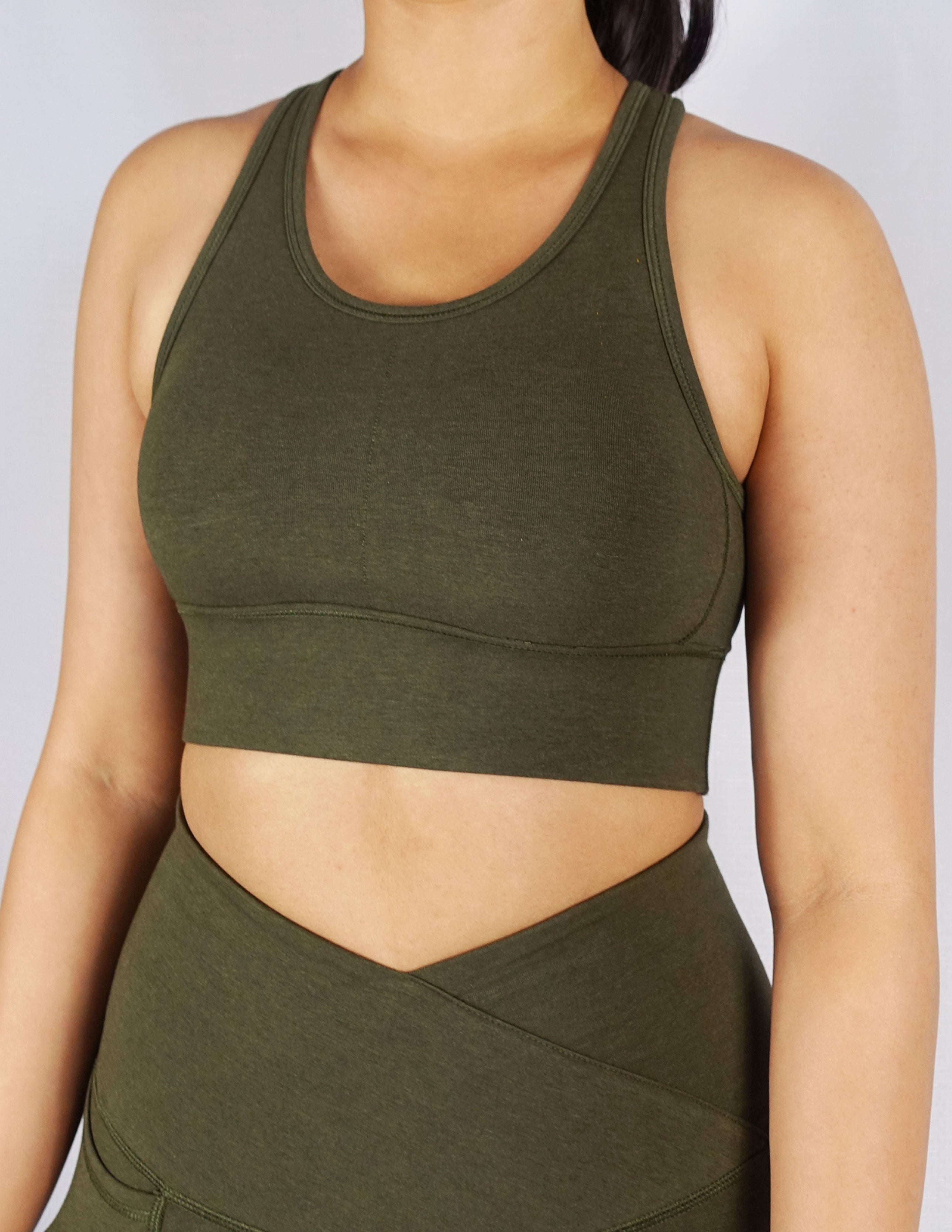 Front view of khaki sports bra