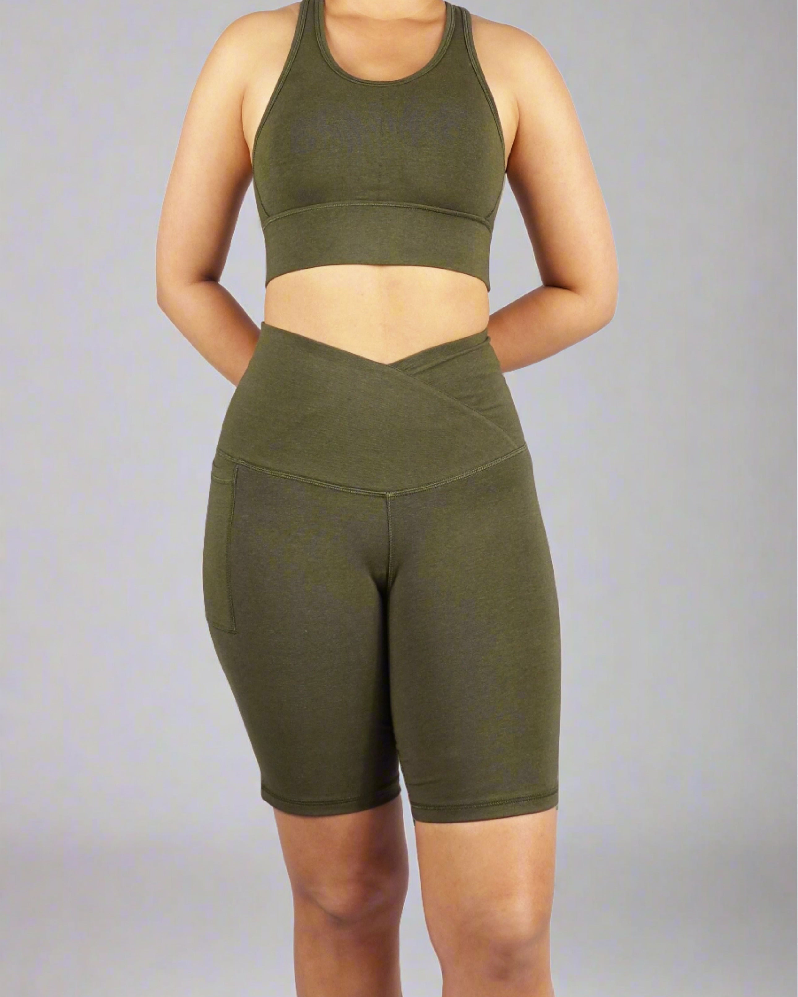 Front view of khaki sports bra