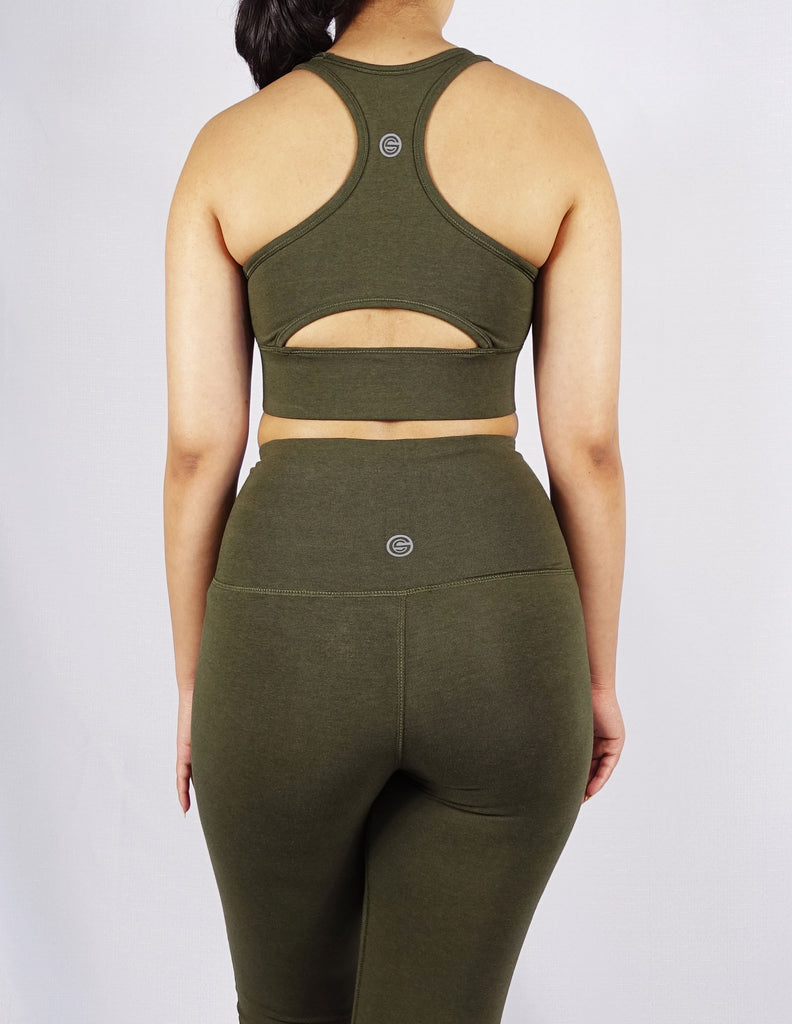 Back view of khaki sports bra with keyhole cut and side panel stitch for comfort