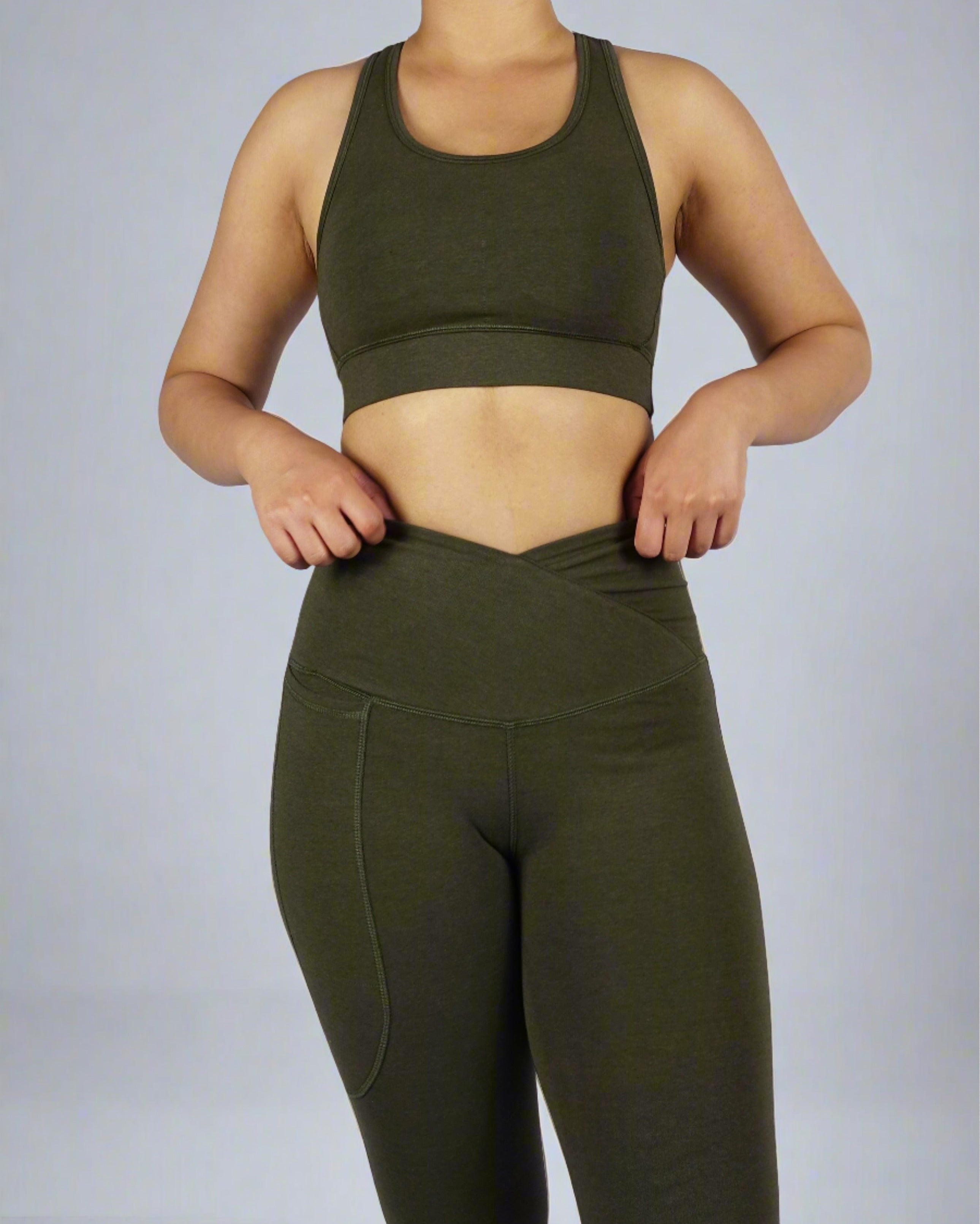 Front view of khaki sports bra
