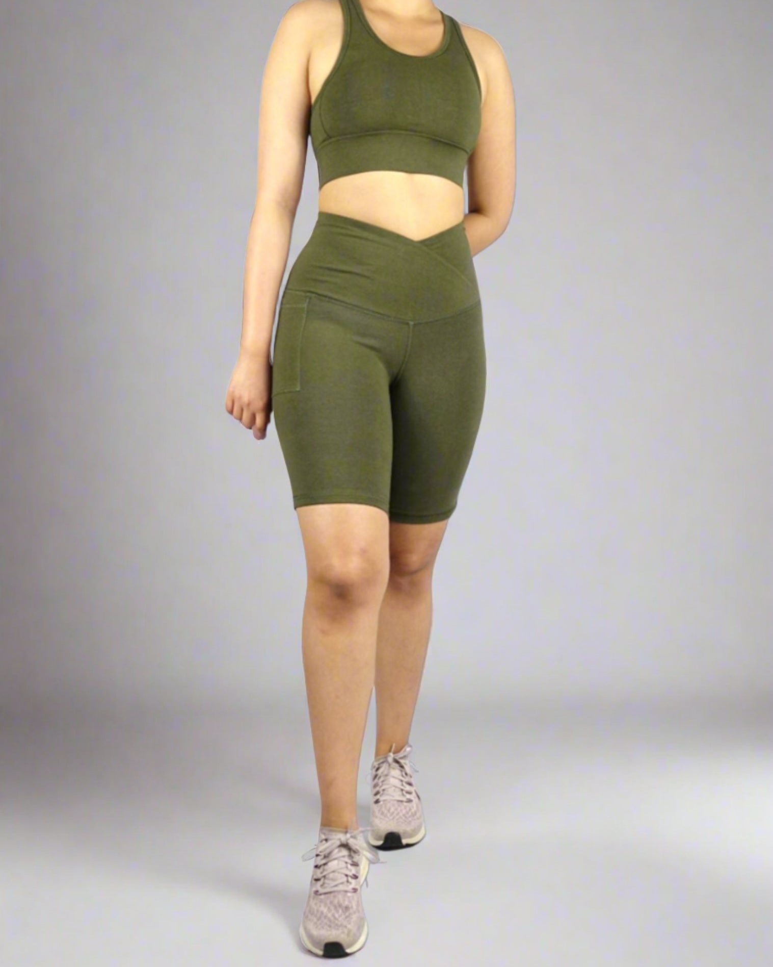 Khaki cross waist bike shorts high waist and sculpting