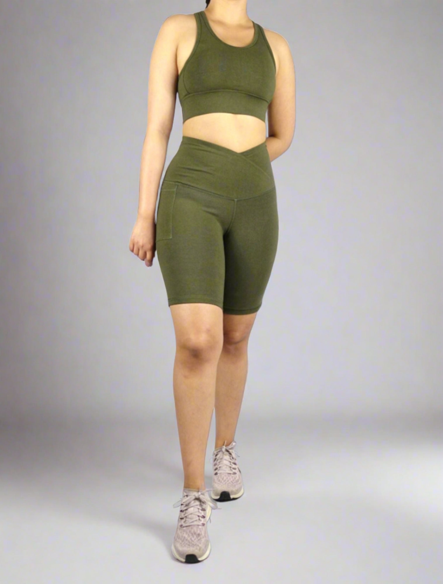 Khaki cross waist bike shorts high waist and sculpting