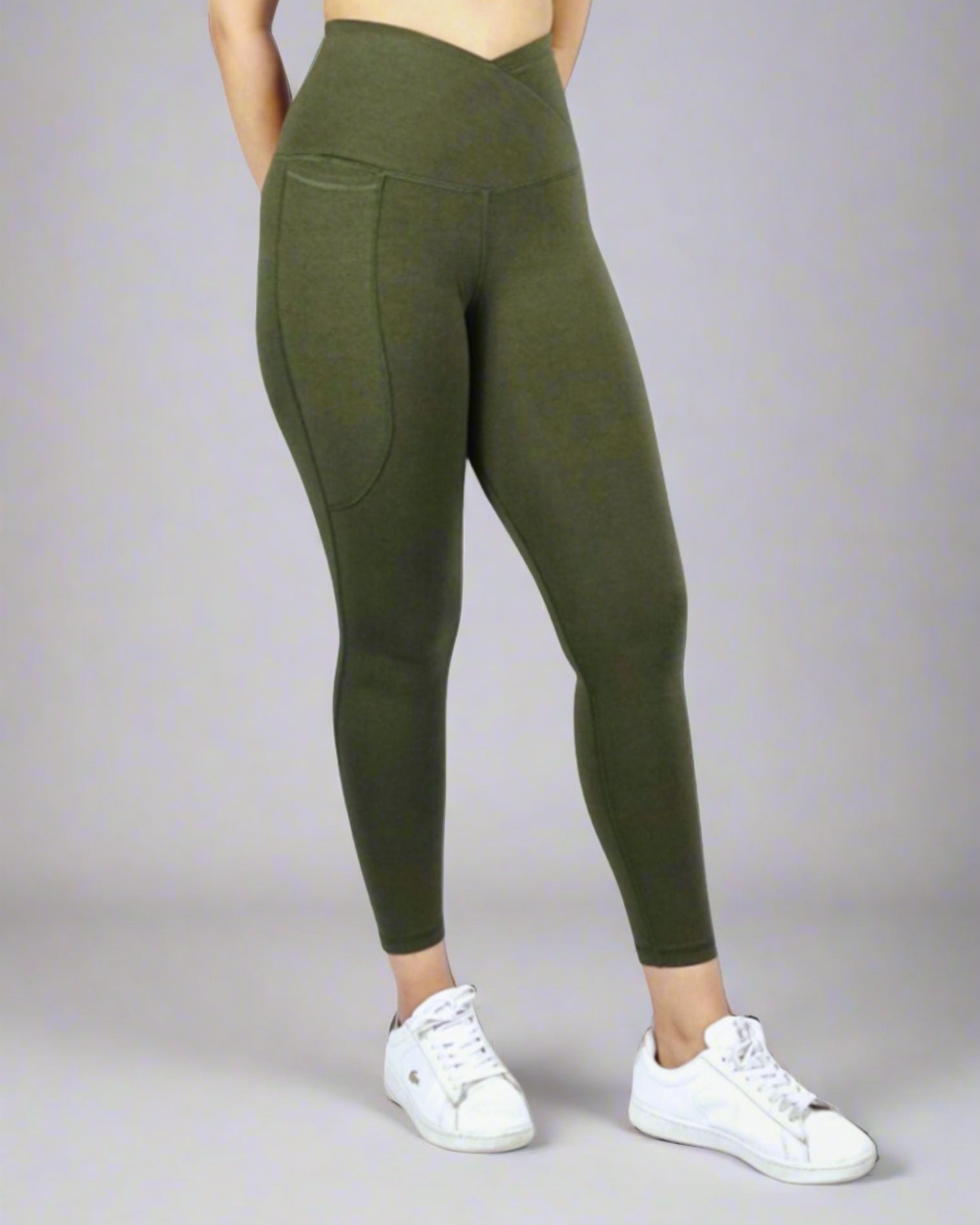 Olive green ankle length high waisted tights with cross waist and phone pocket  soft and breathable bamboo
