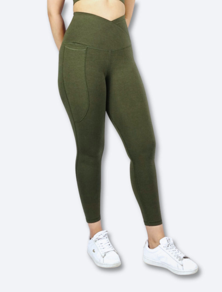 Olive green ankle length high waisted tights with cross waist and phone pocket  soft and breathable bamboo