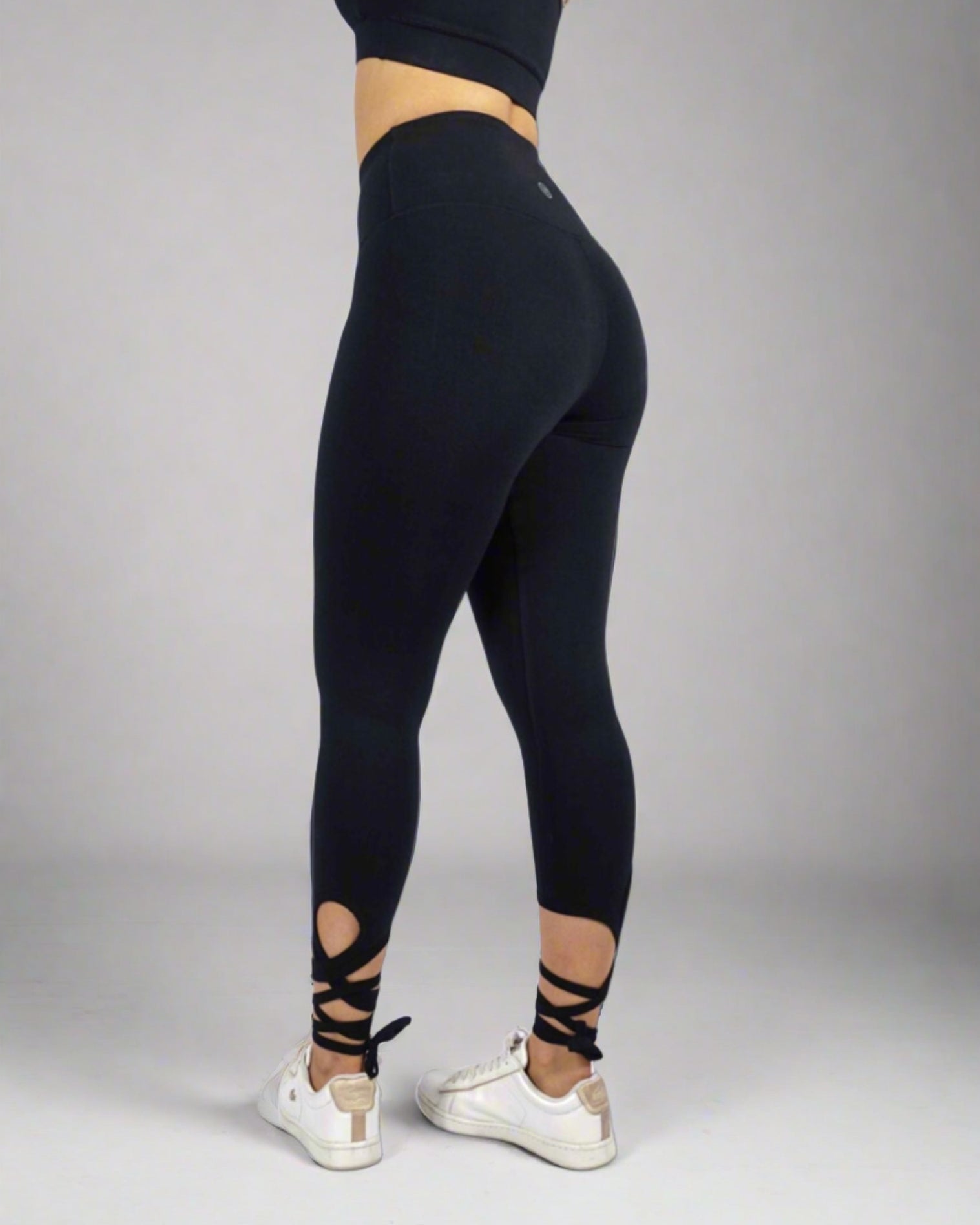 Women's tie up leggings with phone pocket super soft and flattering in black