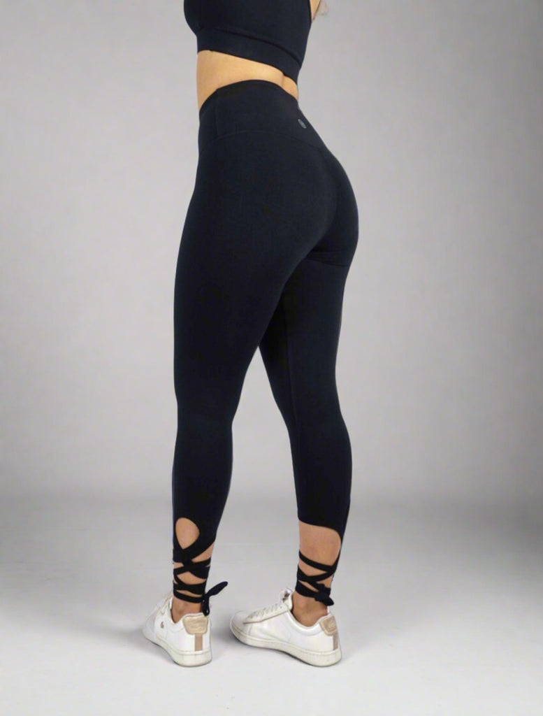 Women's tie up leggings with phone pocket super soft and flattering in black