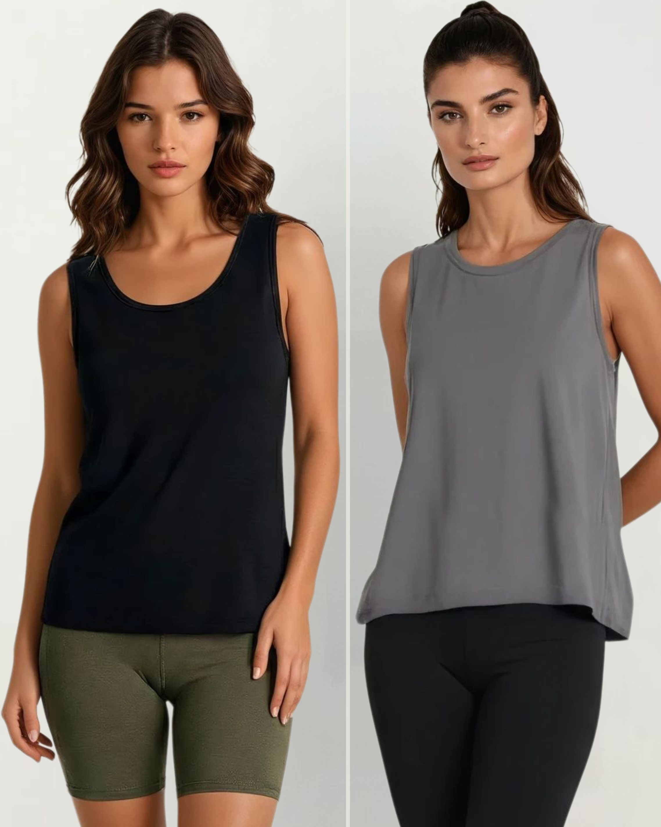 Two images of a woman wearing black and gray sleeveless tops with green and black leggings on a white background.