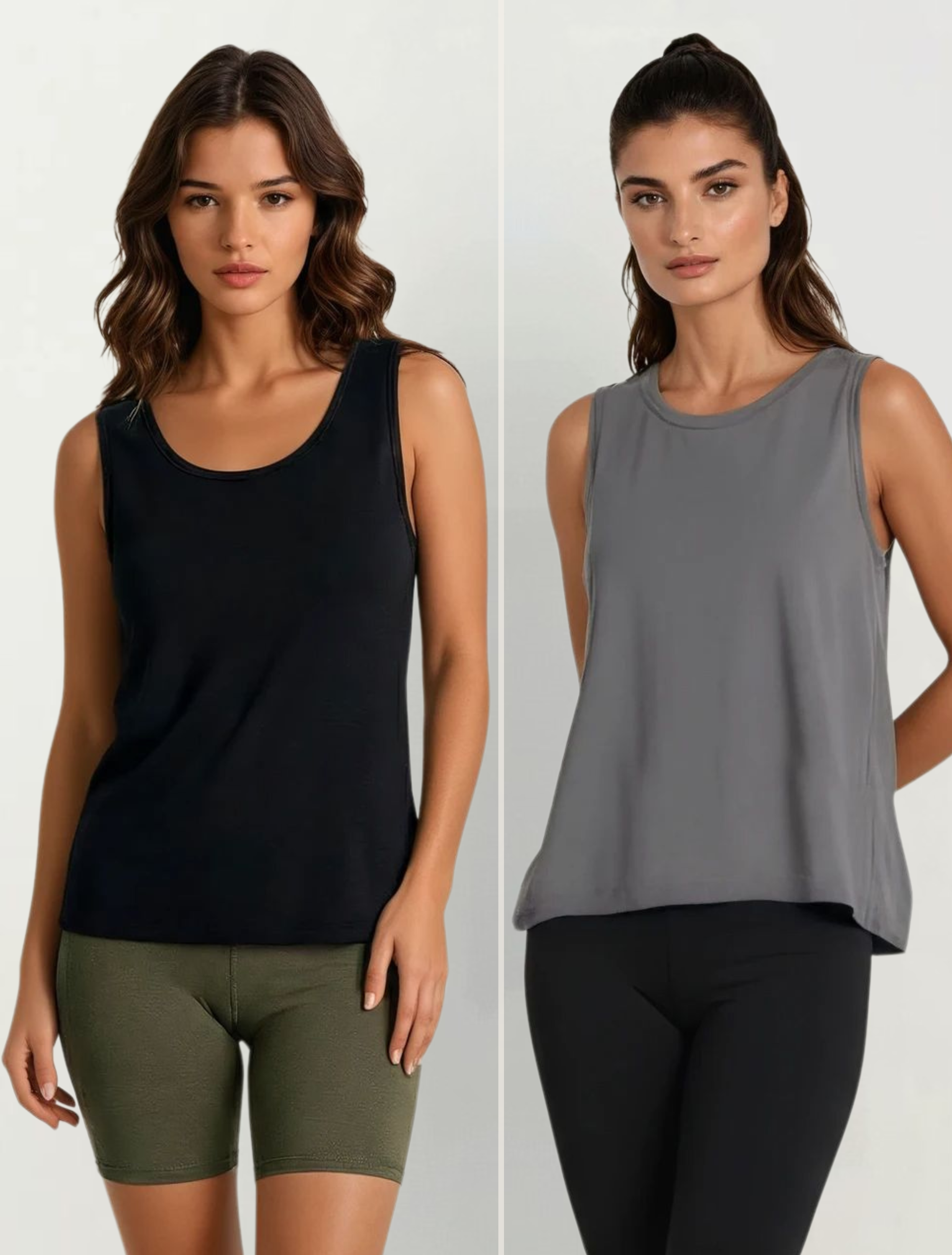 Two images of a woman wearing black and gray sleeveless tops with green and black leggings on a white background.
