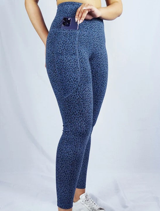 Women's Phone Pocket Leggings & Tights Moisture Wicking and Breathable Indigo Leopard Print