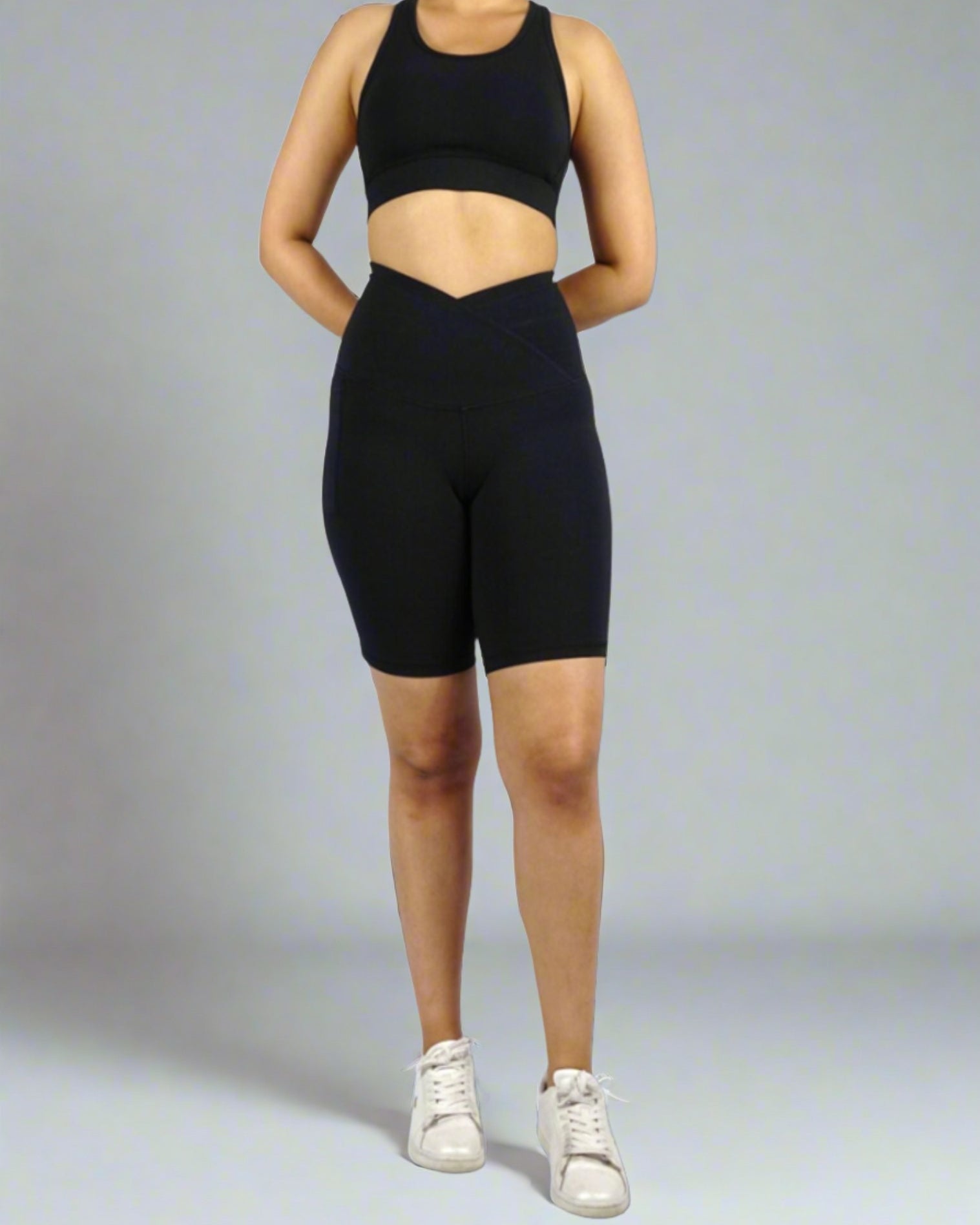 Women's black bike shorts with 20 cm inseam