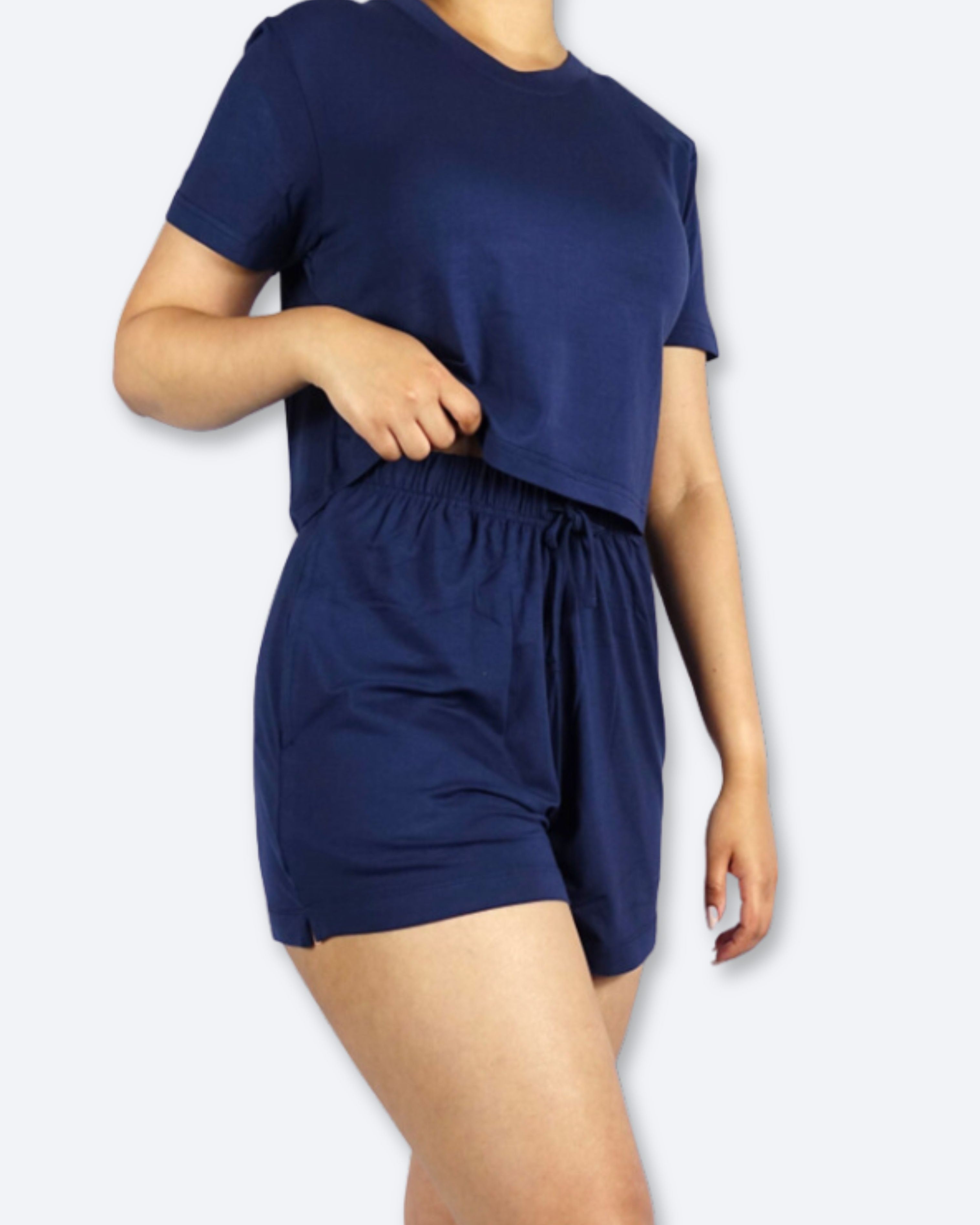 Womens Loungewear Set with Crop Tee and Short Navy Blue