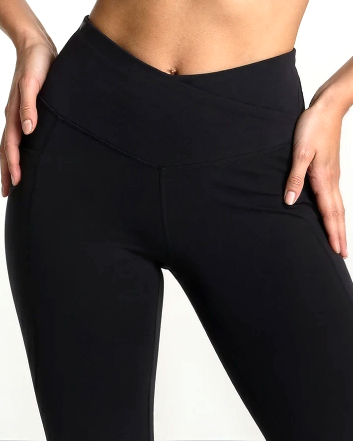 Women's black crosswaist 7/8 tights coord set soft breathable bamboo activewear for gym, Pilates and yoga