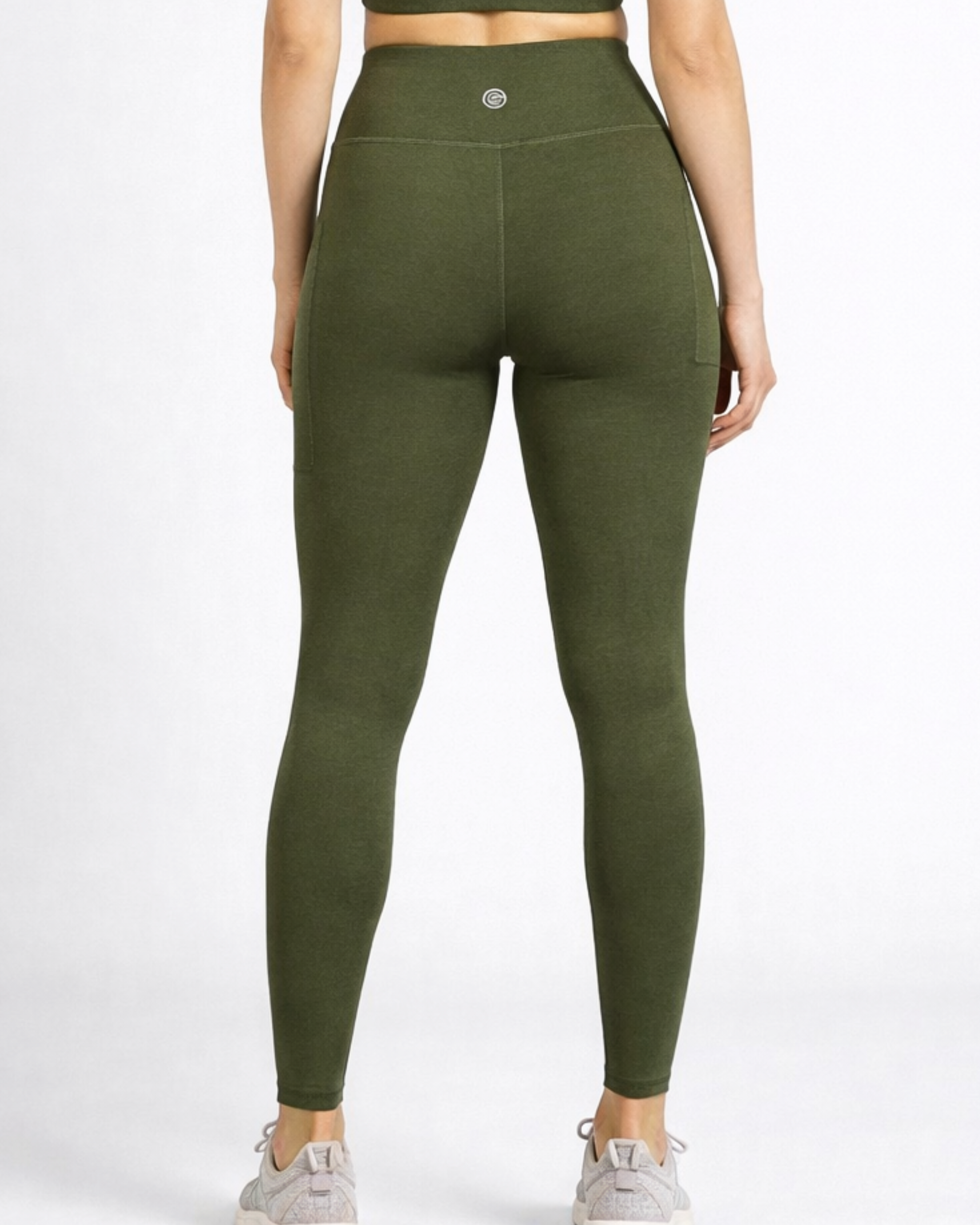 woman wearing bamboo high-waist-compression-leggings-khaki-womens_activebygs