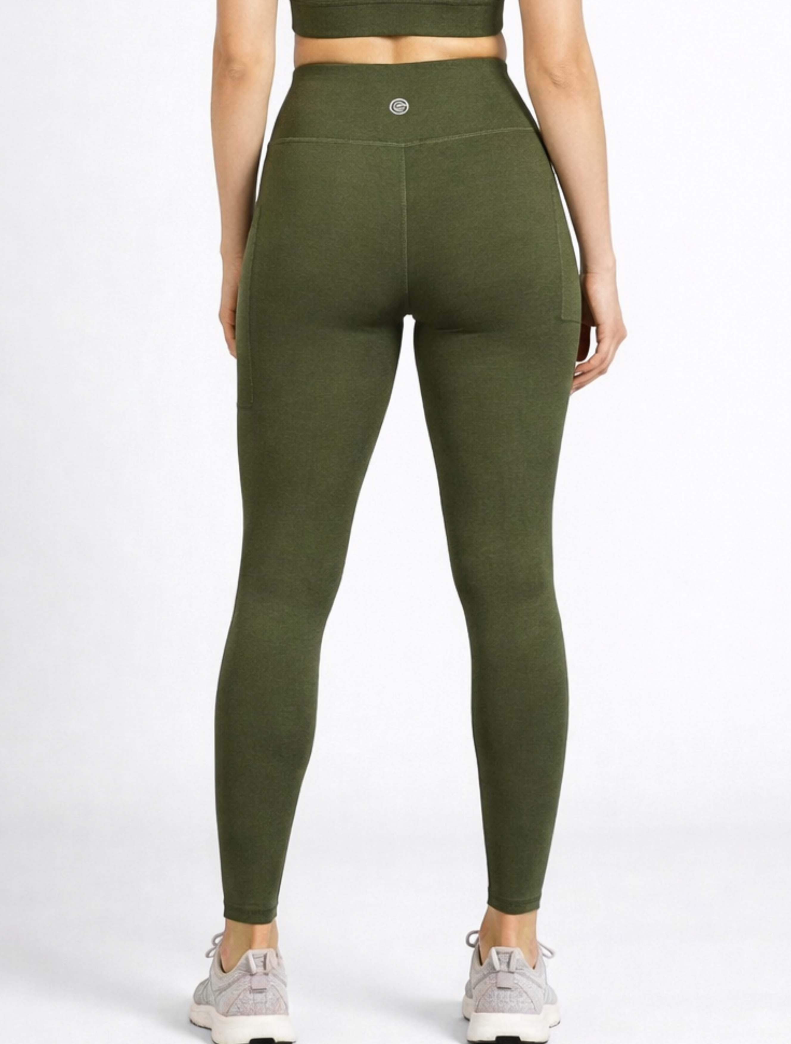 woman wearing bamboo high-waist-compression-leggings-khaki-womens_activebygs