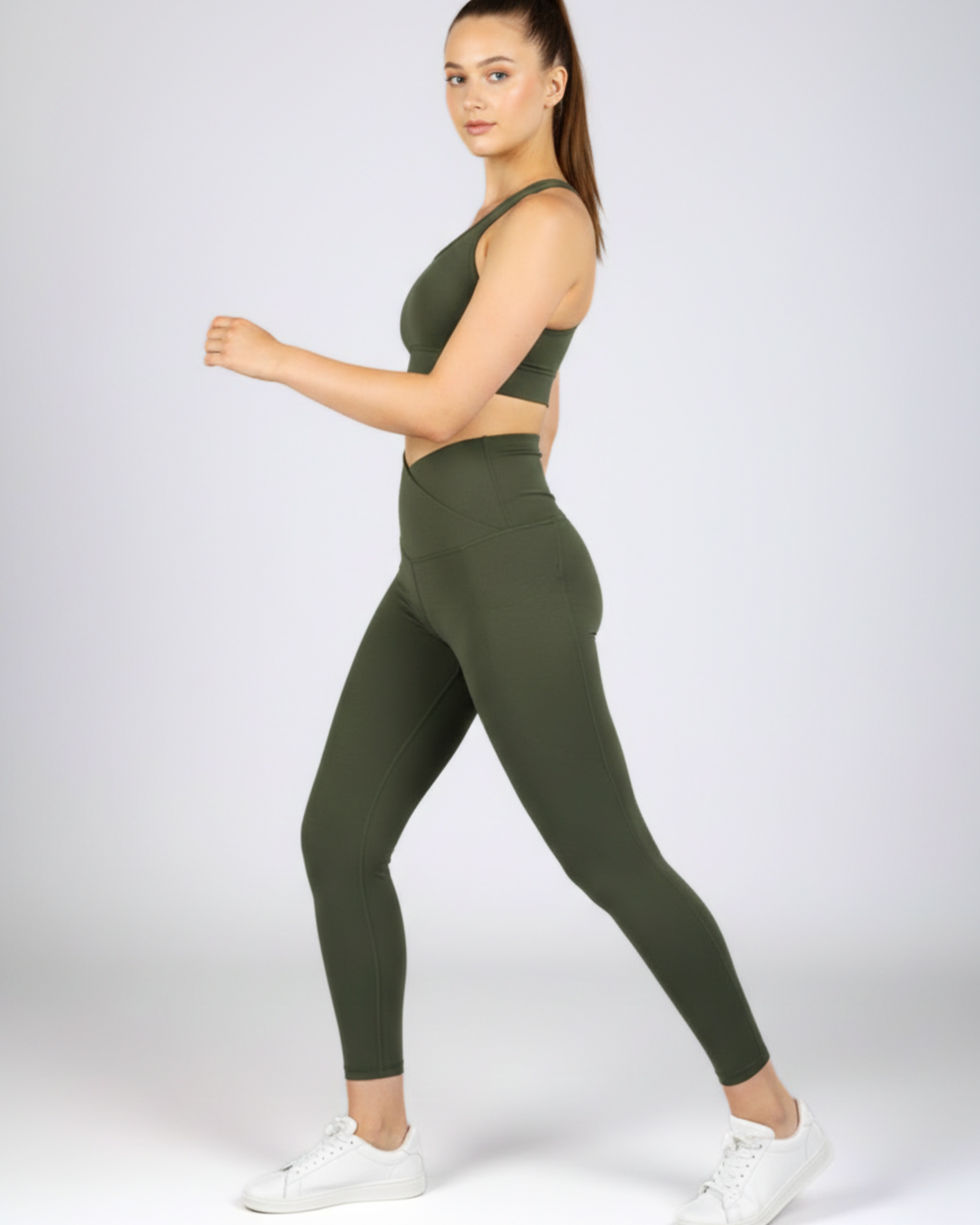 Khaki V-waist sculpting leggings for women, made from breathable bamboo fabric with a supportive high-compression fit.