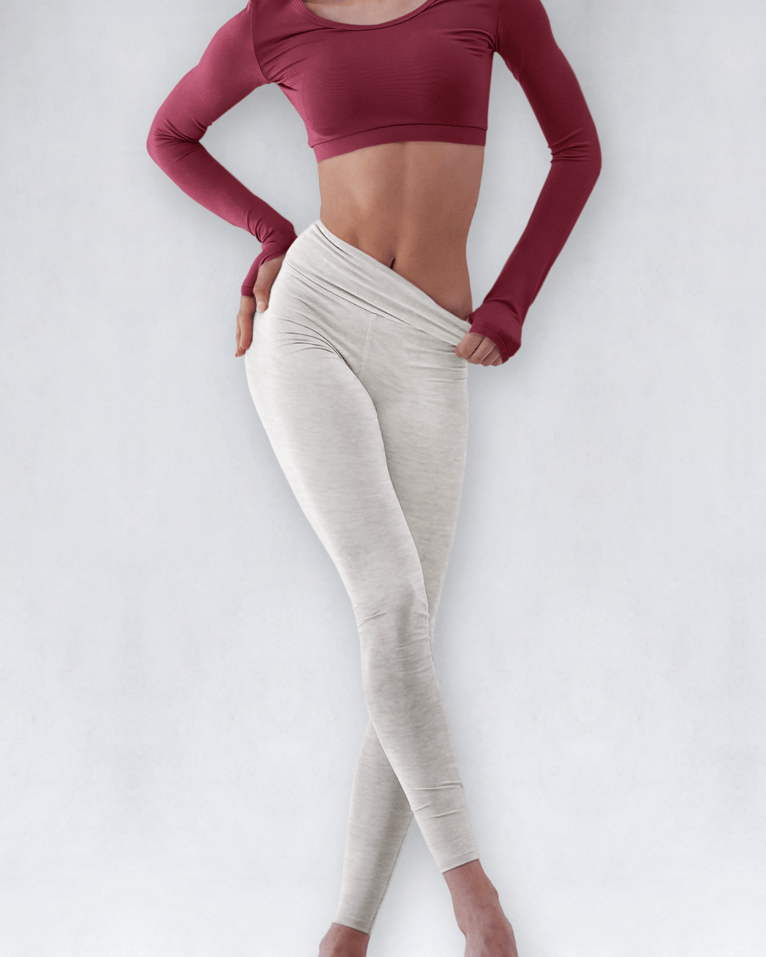 woman wearing light grey full length legging