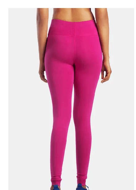 Back view of model wearing pink full length leggings
