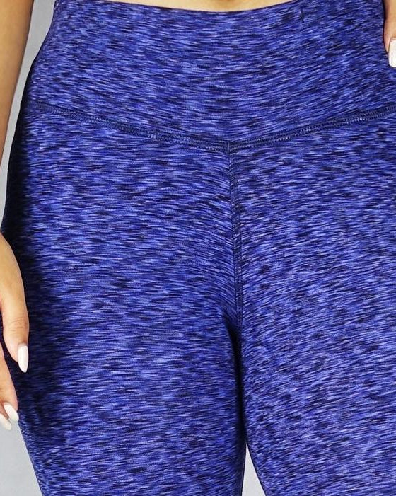 Front close up view of blue crop leggings