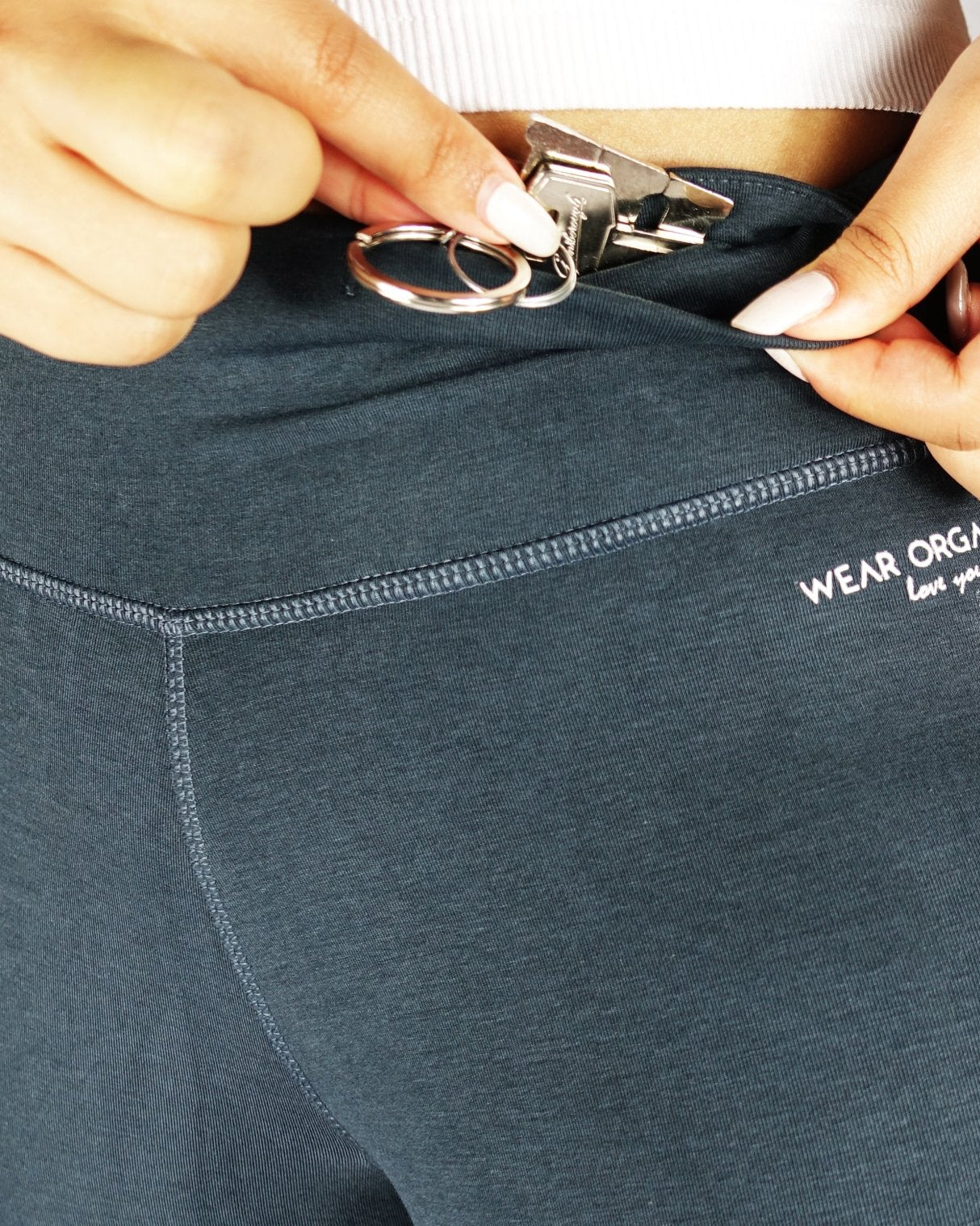 Gunmetal grey full length leggings with hidden key pocket in the front waistband